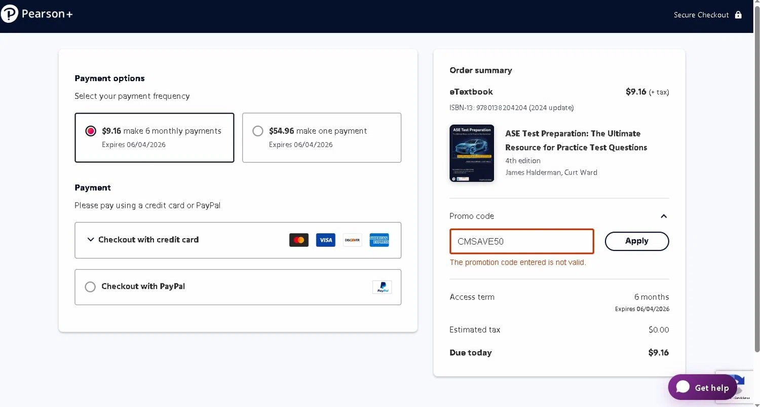 Pearson promo code screenshot showing code CMSAVE50 applied at Pearson checkout page. Uploaded by SimplyCodes community member LAMINEJAMAL on Dec 4, 2025