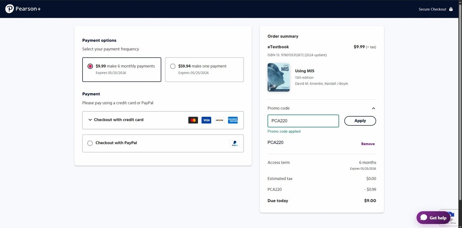 Pearson promo code screenshot showing code PCA220 applied at Pearson checkout page. Uploaded by SimplyCodes community member Depressive on Nov 26, 2025