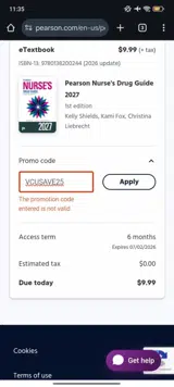 VCUSAVE25 coupon verification screenshot