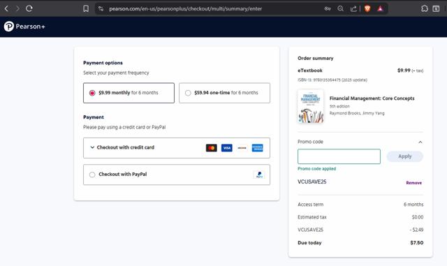 Pearson+ checkout page showing Pearson+ promo code box | Screenshot taken by SimplyCodes community member on Sep 29, 2025