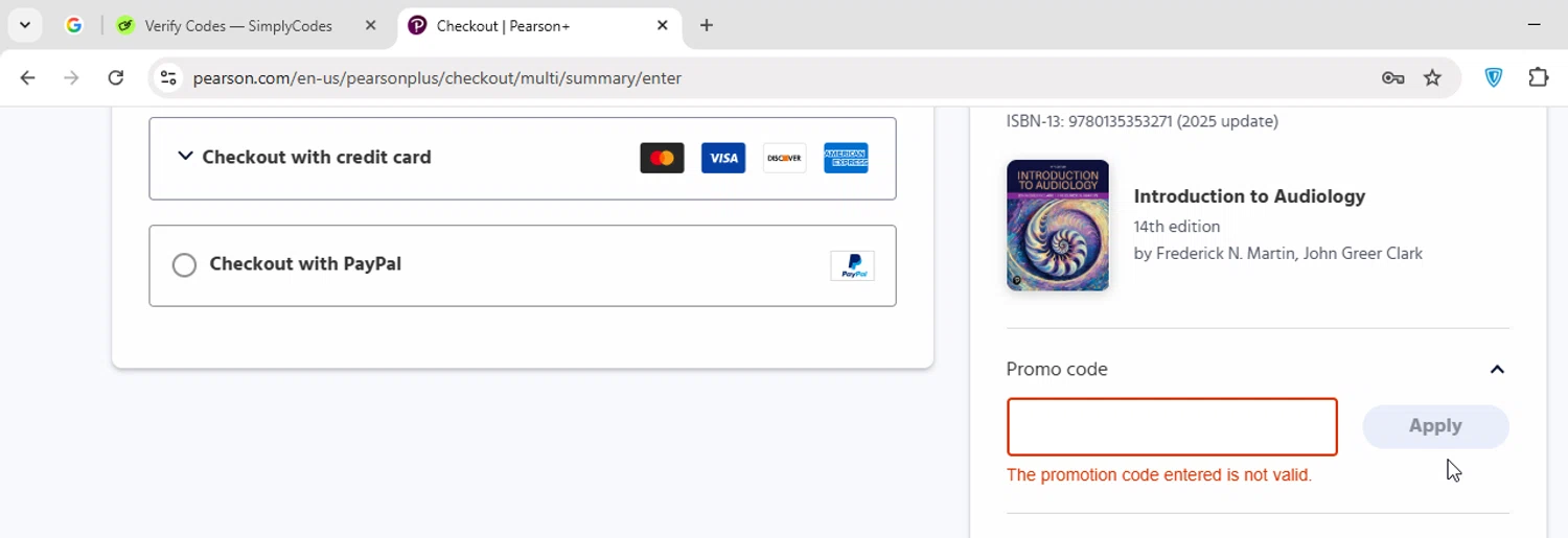 Pearson+ promo code screenshot showing code VCUSAVE25 applied at Pearson+ checkout page. Uploaded by SimplyCodes community member luispepe on Nov 12, 2025