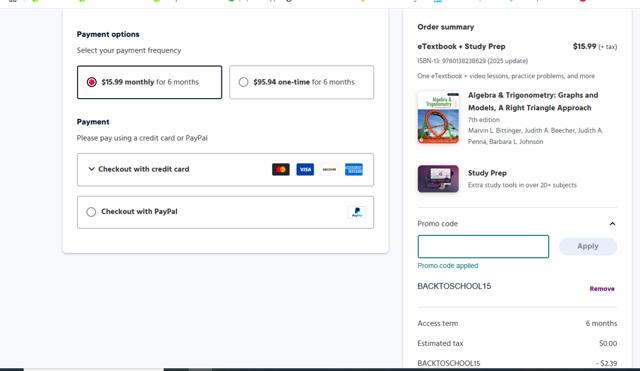 Pearson+ checkout page showing Pearson+ promo code box | Screenshot taken by SimplyCodes community member on Sep 23, 2025