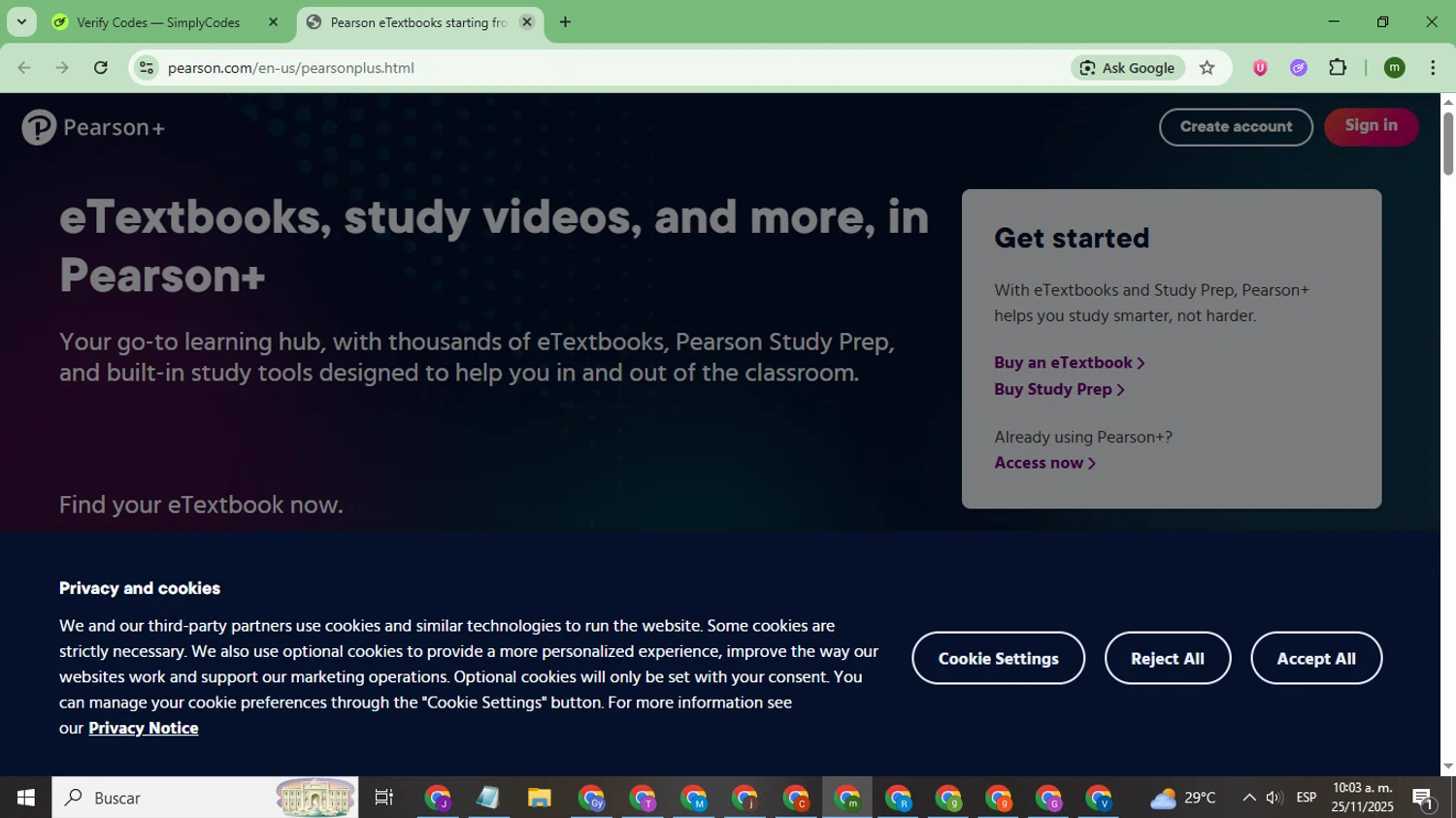 Pearson+ promo code screenshot showing code PCA215 applied at Pearson+ checkout page. Uploaded by SimplyCodes community member CoinSage7057 on Nov 25, 2025
