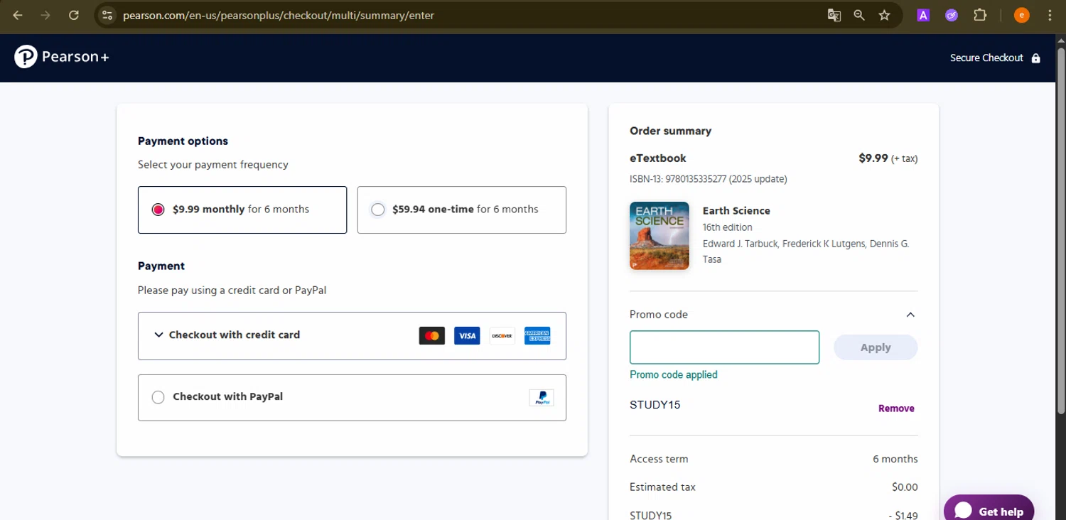 Pearson+ promo code screenshot showing code STUDY15 applied at Pearson+ checkout page. Uploaded by SimplyCodes community member NobleElite1598 on Oct 7, 2025
