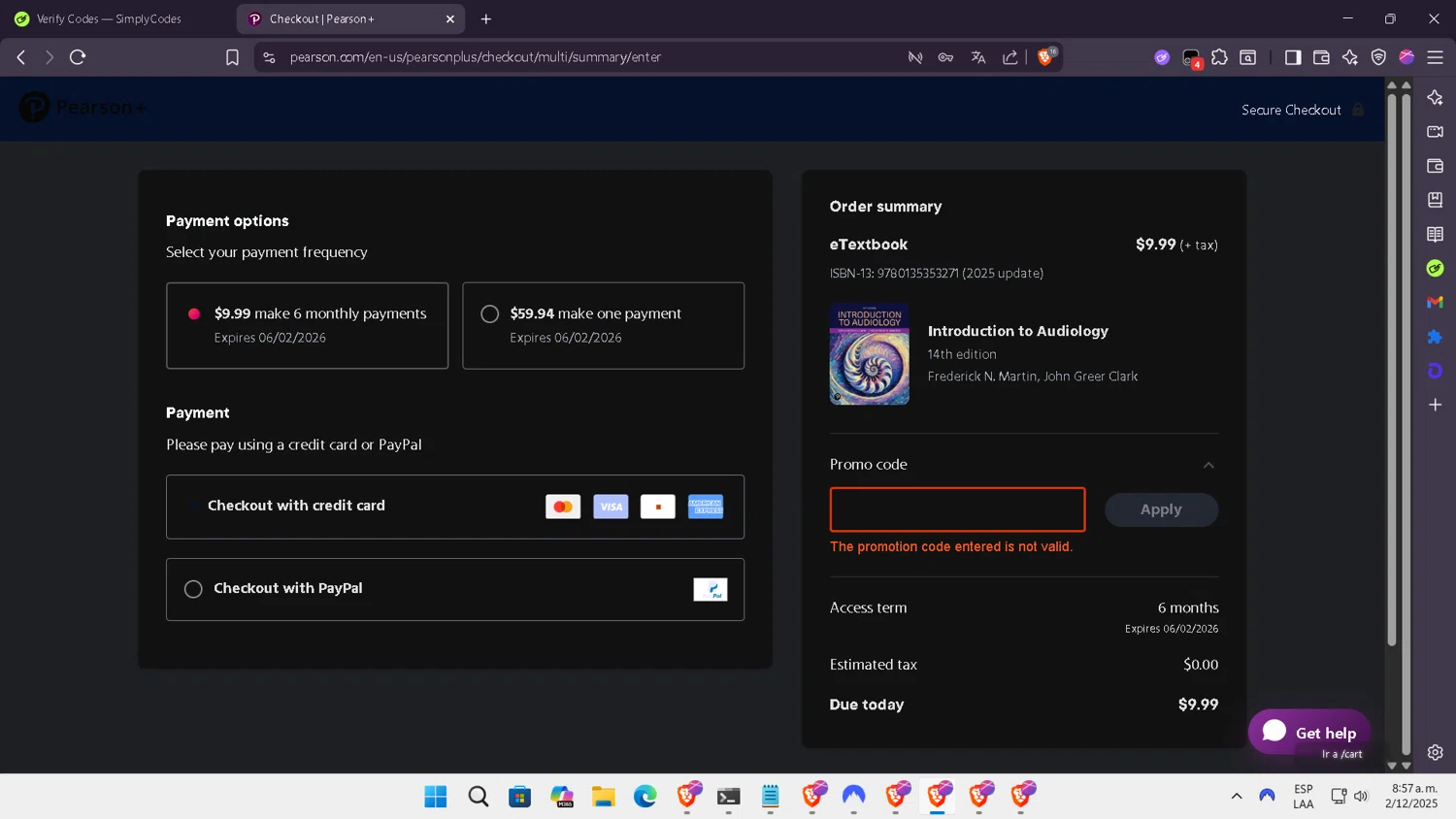 Pearson+ promo code screenshot showing code STUDY15 applied at Pearson+ checkout page. Uploaded by SimplyCodes community member NobleLegend6162 on Dec 2, 2025