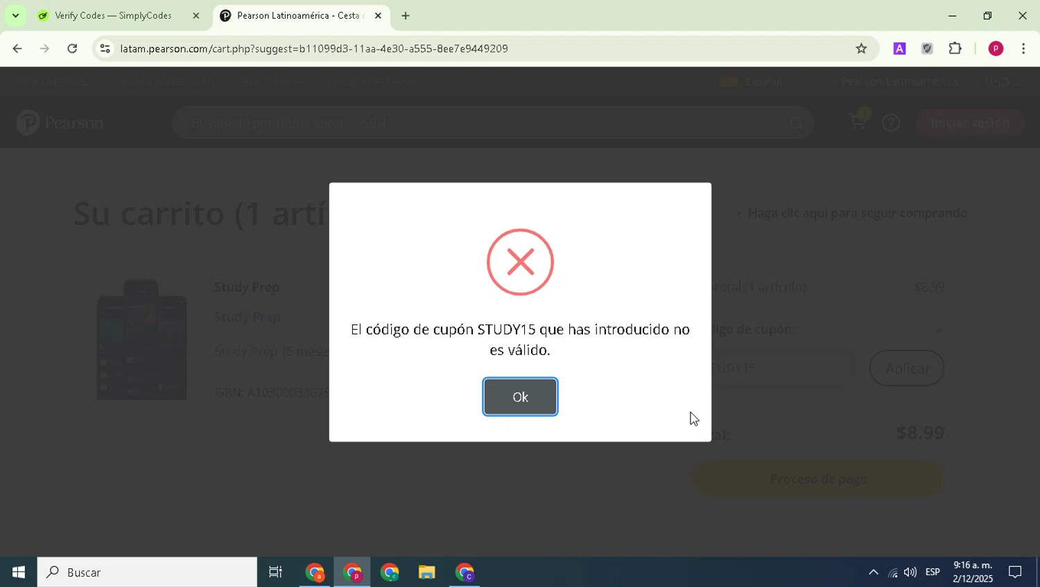 Pearson+ promo code screenshot showing code STUDY15 applied at Pearson+ checkout page. Uploaded by SimplyCodes community member Paul_Skenes on Dec 2, 2025