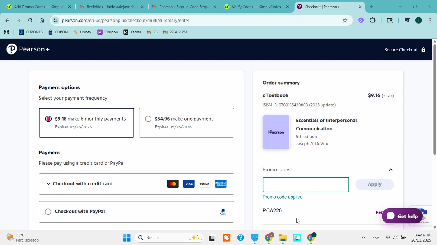 Pearson+ promo code screenshot showing code PCA220 applied at Pearson+ checkout page. Uploaded by SimplyCodes community member ABHF23 on Nov 26, 2025