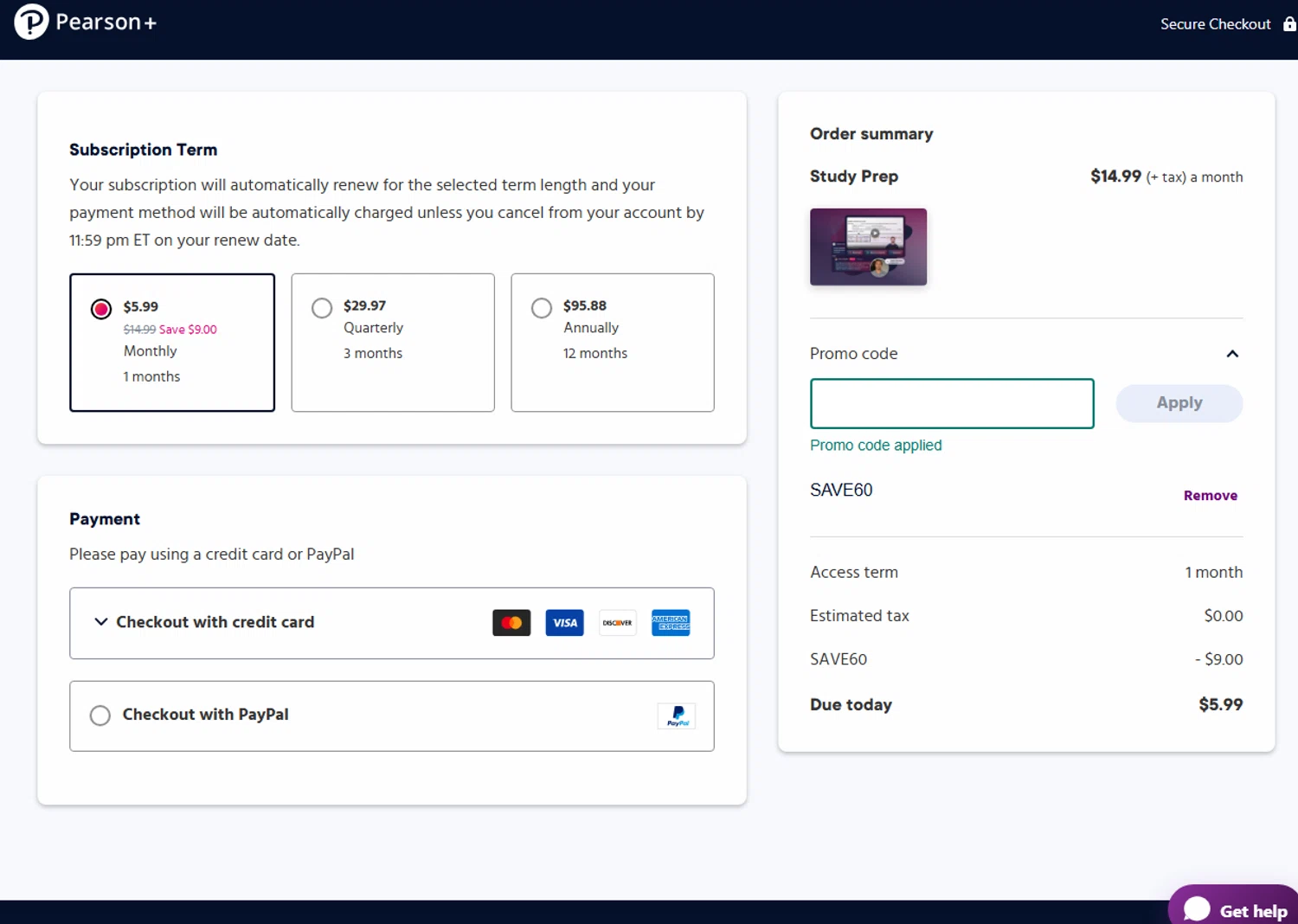 Pearson+ checkout page showing Pearson+ promo code box | Screenshot taken by SimplyCodes community member on Jan 31, 2026
