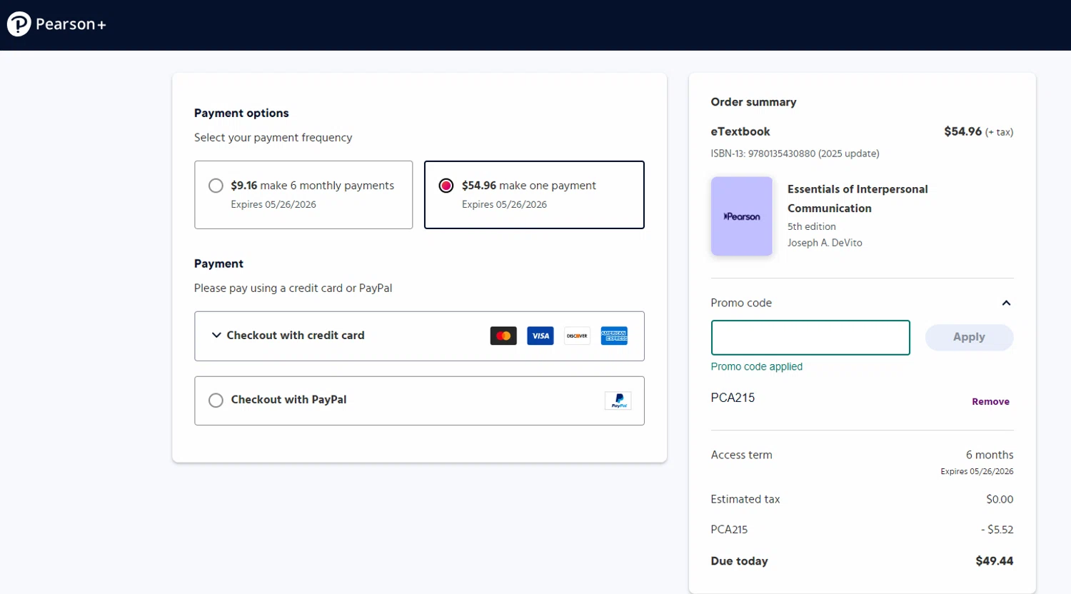 Pearson+ promo code screenshot showing code PCA215 applied at Pearson+ checkout page. Uploaded by SimplyCodes community member RoYoK88 on Nov 26, 2025