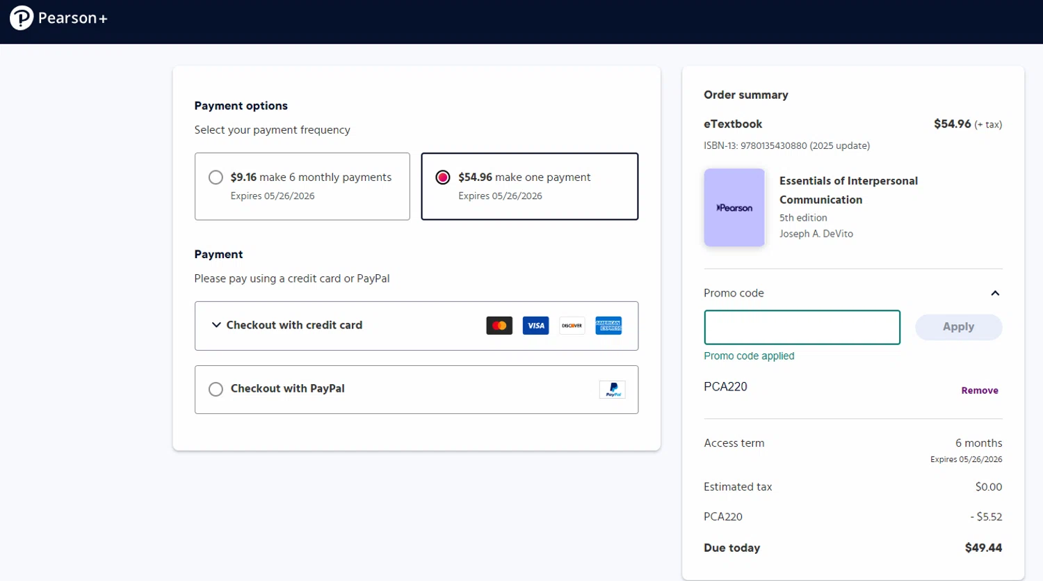 Pearson+ promo code screenshot showing code PCA220 applied at Pearson+ checkout page. Uploaded by SimplyCodes community member RoYoK88 on Nov 26, 2025