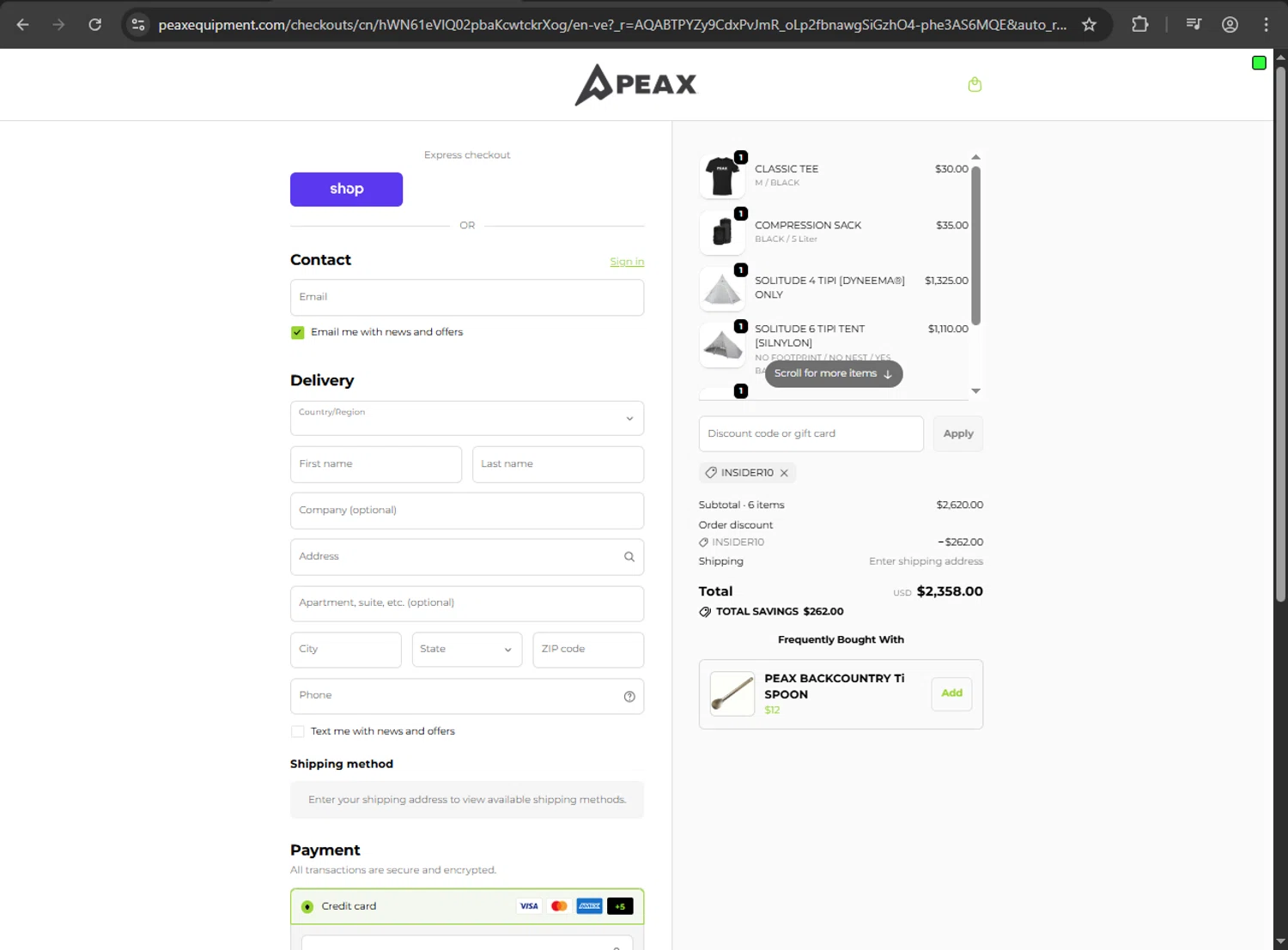 PEAX Equipment discount code screenshot showing code INSIDER10 applied at PEAX Equipment checkout page. Uploaded by SimplyCodes community member fiadaz on Dec 4, 2025