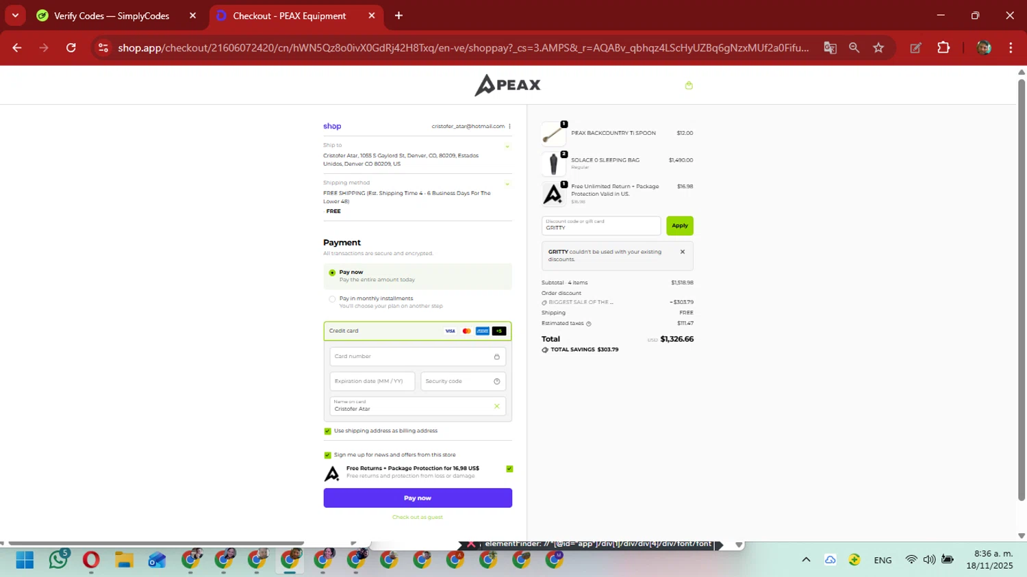 PEAX Equipment discount code screenshot showing code GRITTY applied at PEAX Equipment checkout page. Uploaded by SimplyCodes community member David_Gut_Sonic on Nov 18, 2025