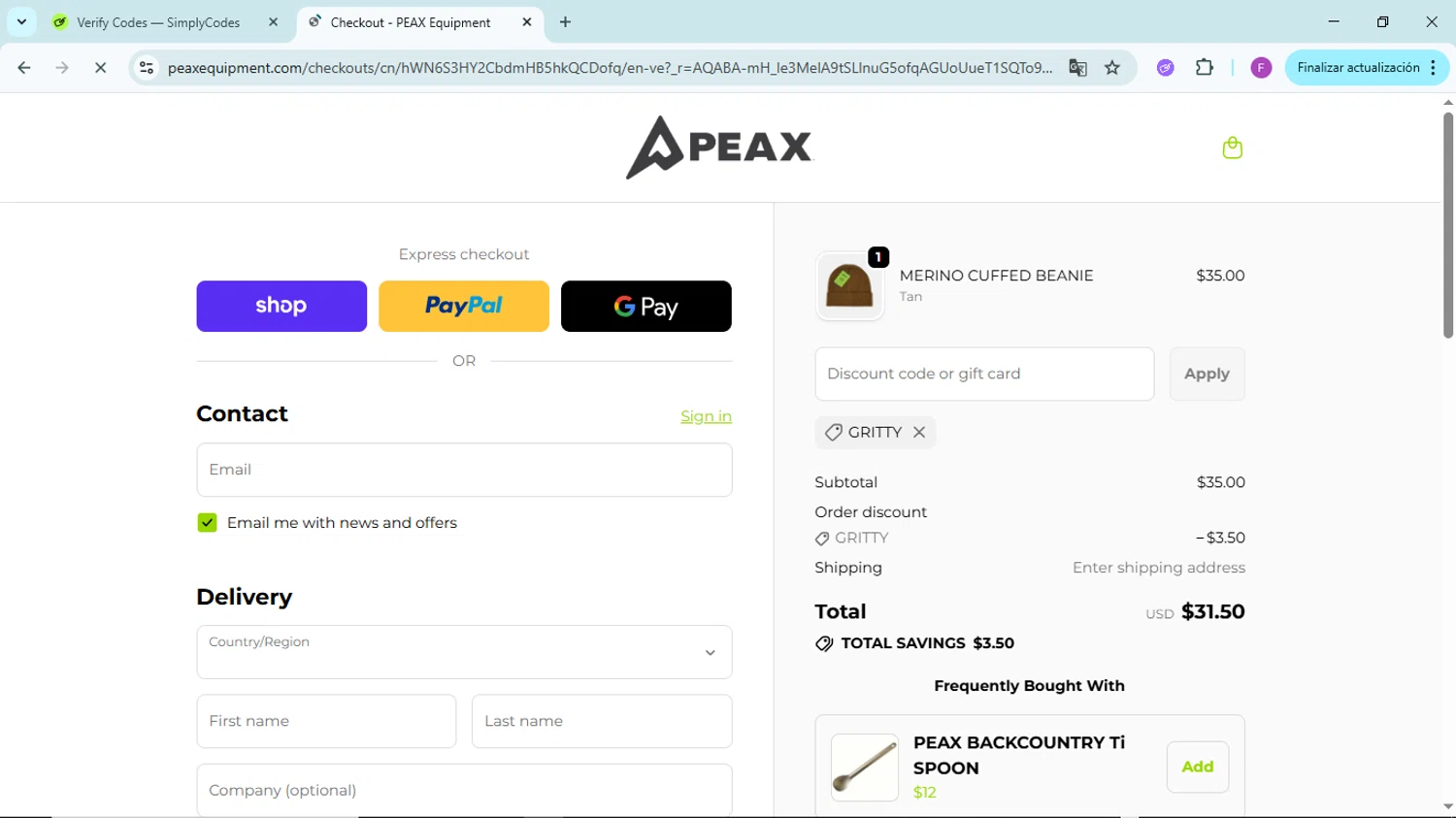 PEAX Equipment discount code screenshot showing code GRITTY applied at PEAX Equipment checkout page. Uploaded by SimplyCodes community member ShieldTitan6985 on Dec 15, 2025