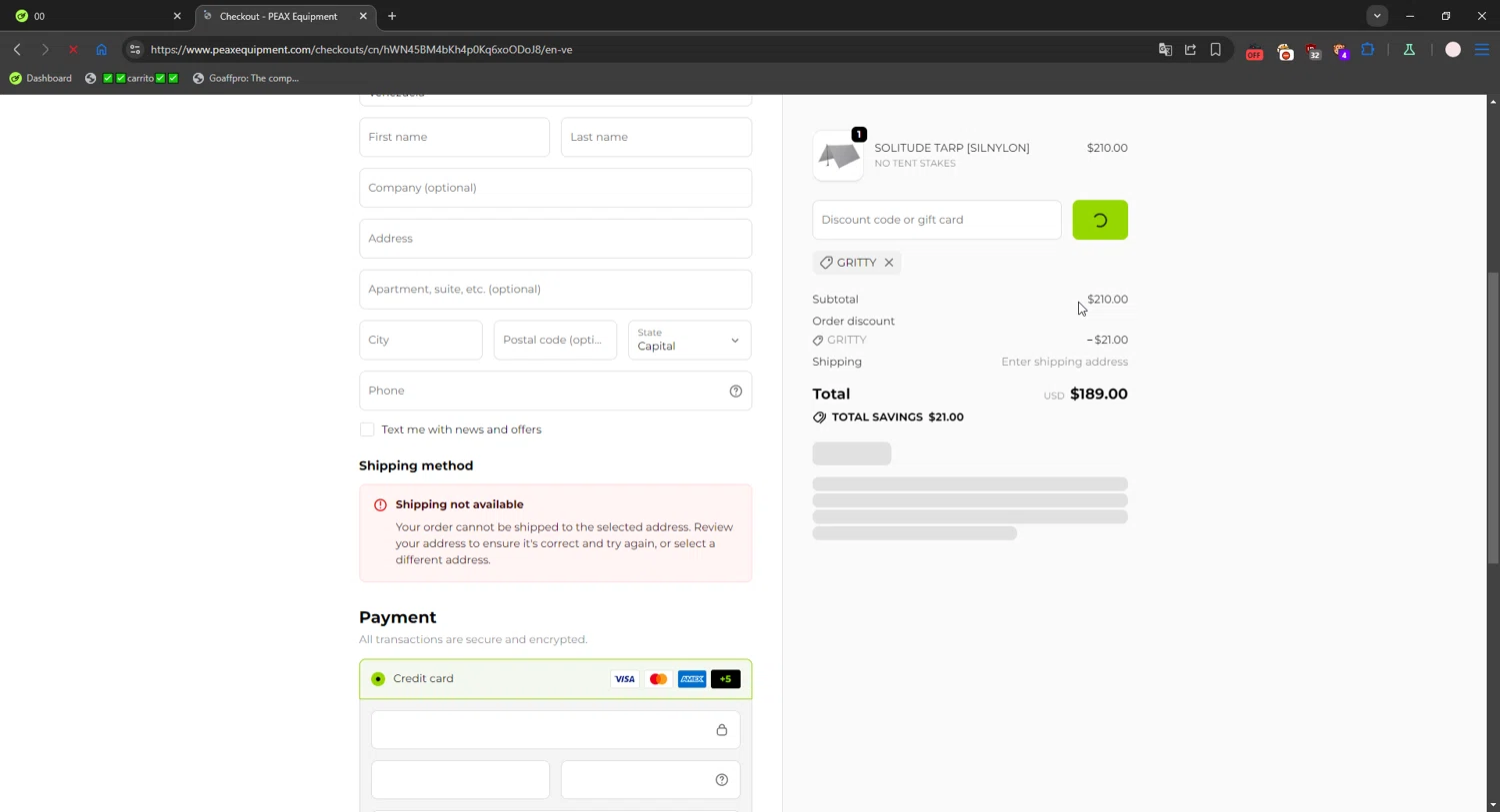 PEAX Equipment discount code screenshot showing code GRITTY applied at PEAX Equipment checkout page. Uploaded by SimplyCodes community member connyshan2154 on Oct 13, 2025