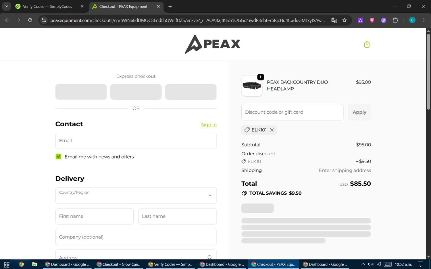 PEAX Equipment discount code screenshot showing code ELK101 applied at PEAX Equipment checkout page. Uploaded by SimplyCodes community member CleverPilot5845 on Dec 9, 2025