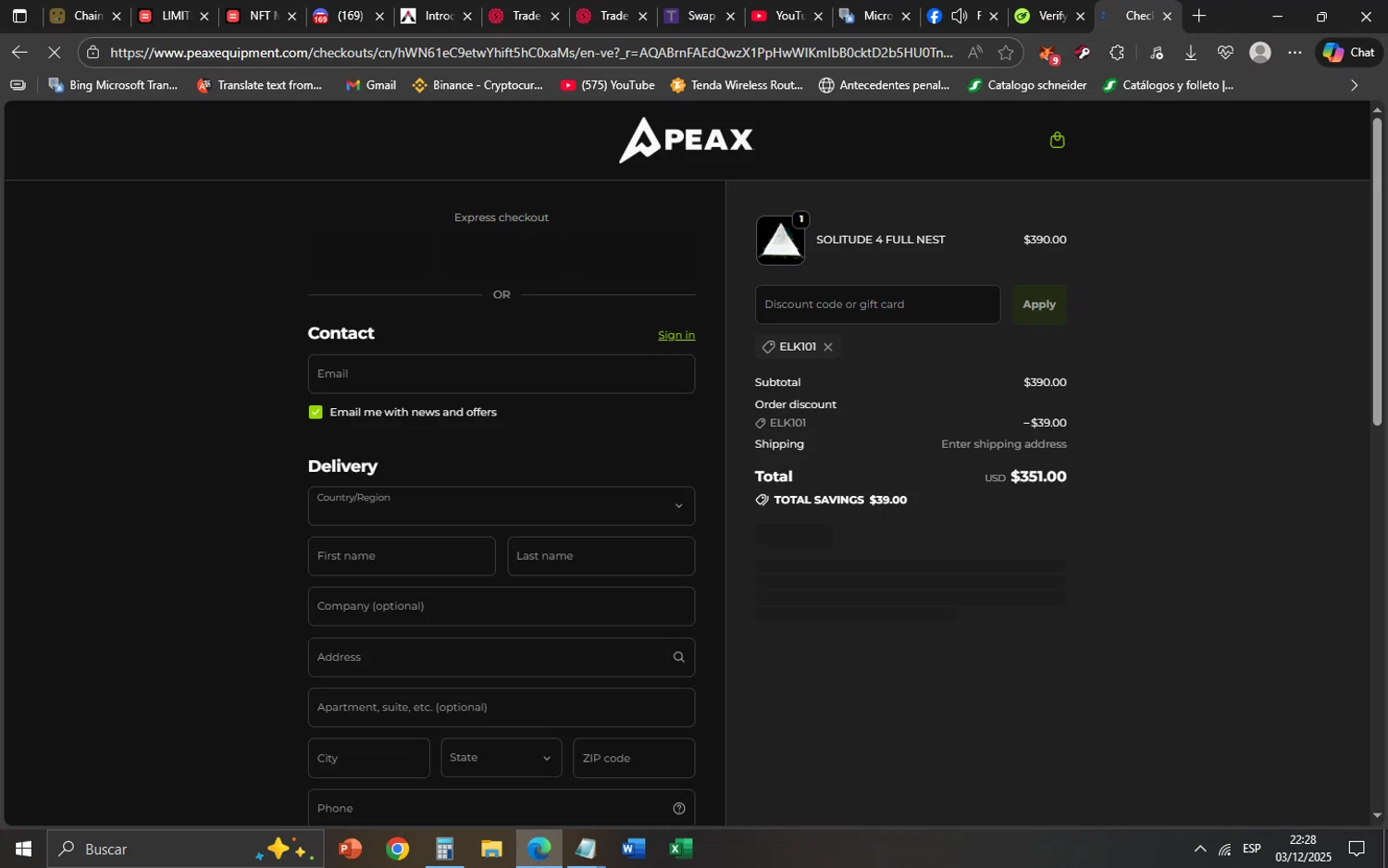 PEAX Equipment discount code screenshot showing code ELK101 applied at PEAX Equipment checkout page. Uploaded by SimplyCodes community member SaskeUchiha on Dec 4, 2025