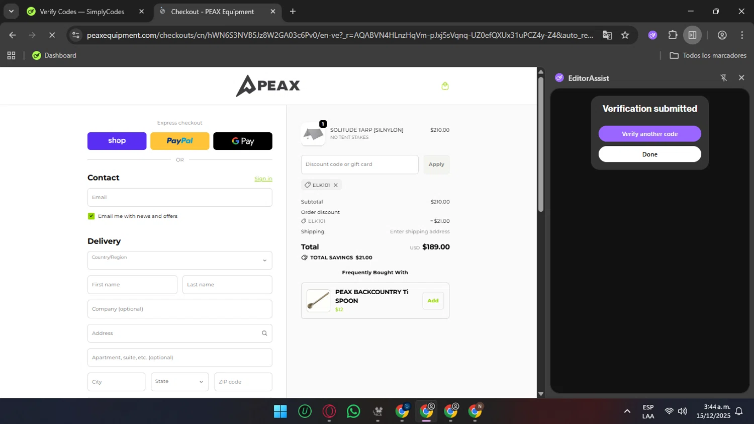 PEAX Equipment discount code screenshot showing code ELK101 applied at PEAX Equipment checkout page. Uploaded by SimplyCodes community member rauzzzz on Dec 15, 2025