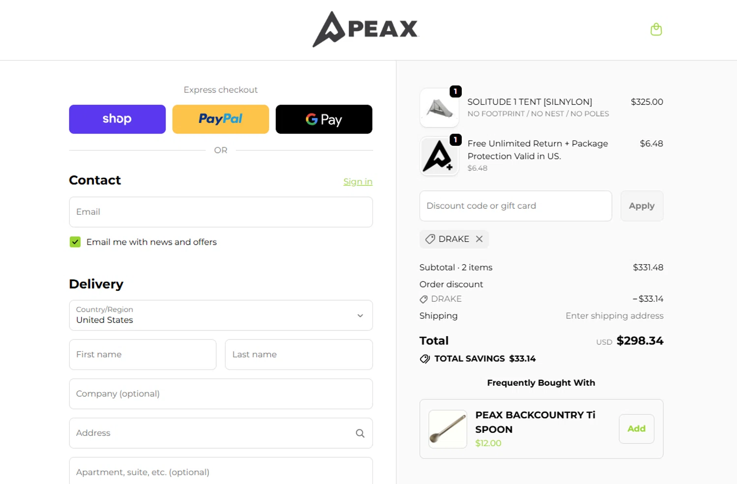 PEAX Equipment discount code screenshot showing code DRAKE applied at PEAX Equipment checkout page. Uploaded by SimplyCodes community member BargainPilot9399 on Nov 7, 2025