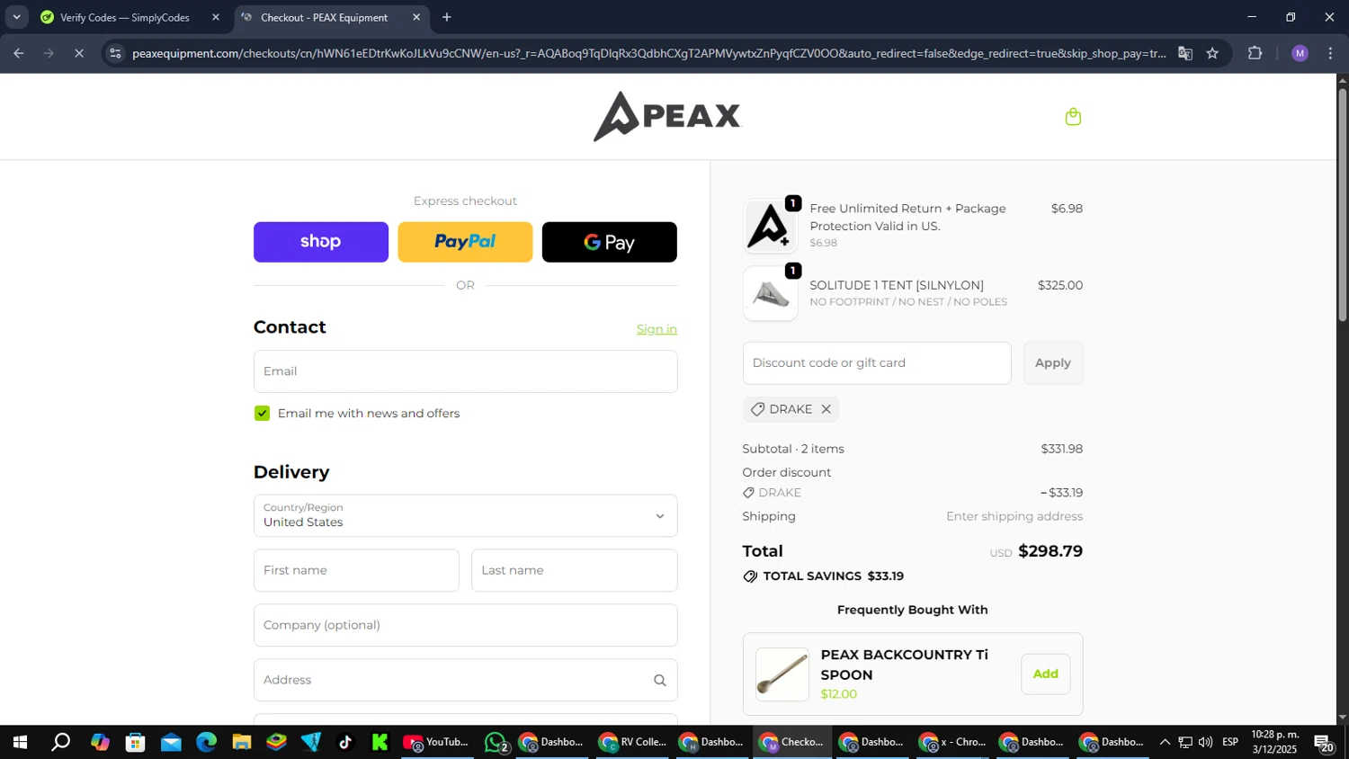 PEAX Equipment discount code screenshot showing code DRAKE applied at PEAX Equipment checkout page. Uploaded by SimplyCodes community member CouponGuardian8137 on Dec 4, 2025
