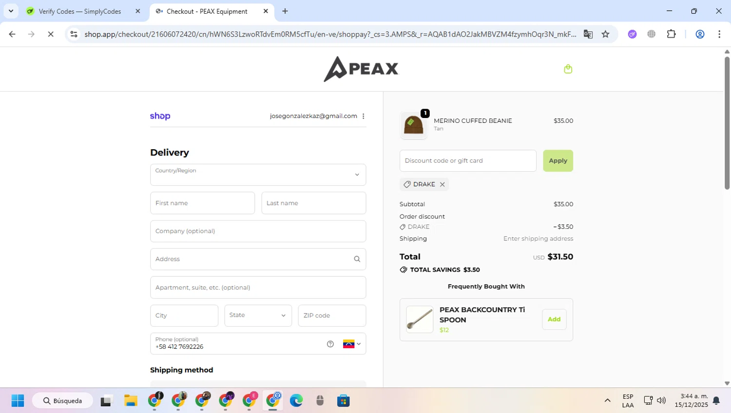 PEAX Equipment discount code screenshot showing code DRAKE applied at PEAX Equipment checkout page. Uploaded by SimplyCodes community member greulis on Dec 15, 2025