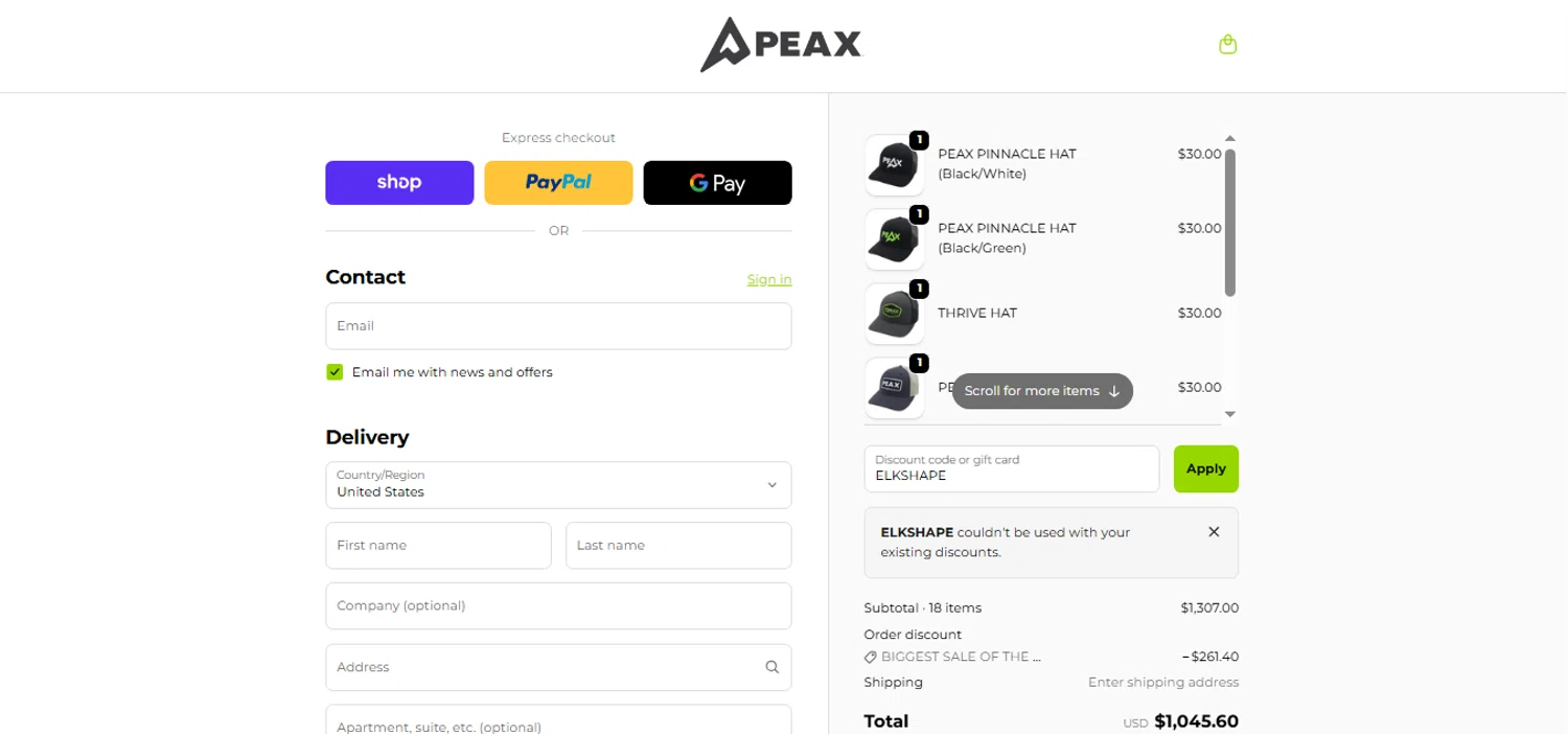 PEAX Equipment discount code screenshot showing code ELKSHAPE applied at PEAX Equipment checkout page. Uploaded by SimplyCodes community member MagnificentCurator5441 on Nov 18, 2025