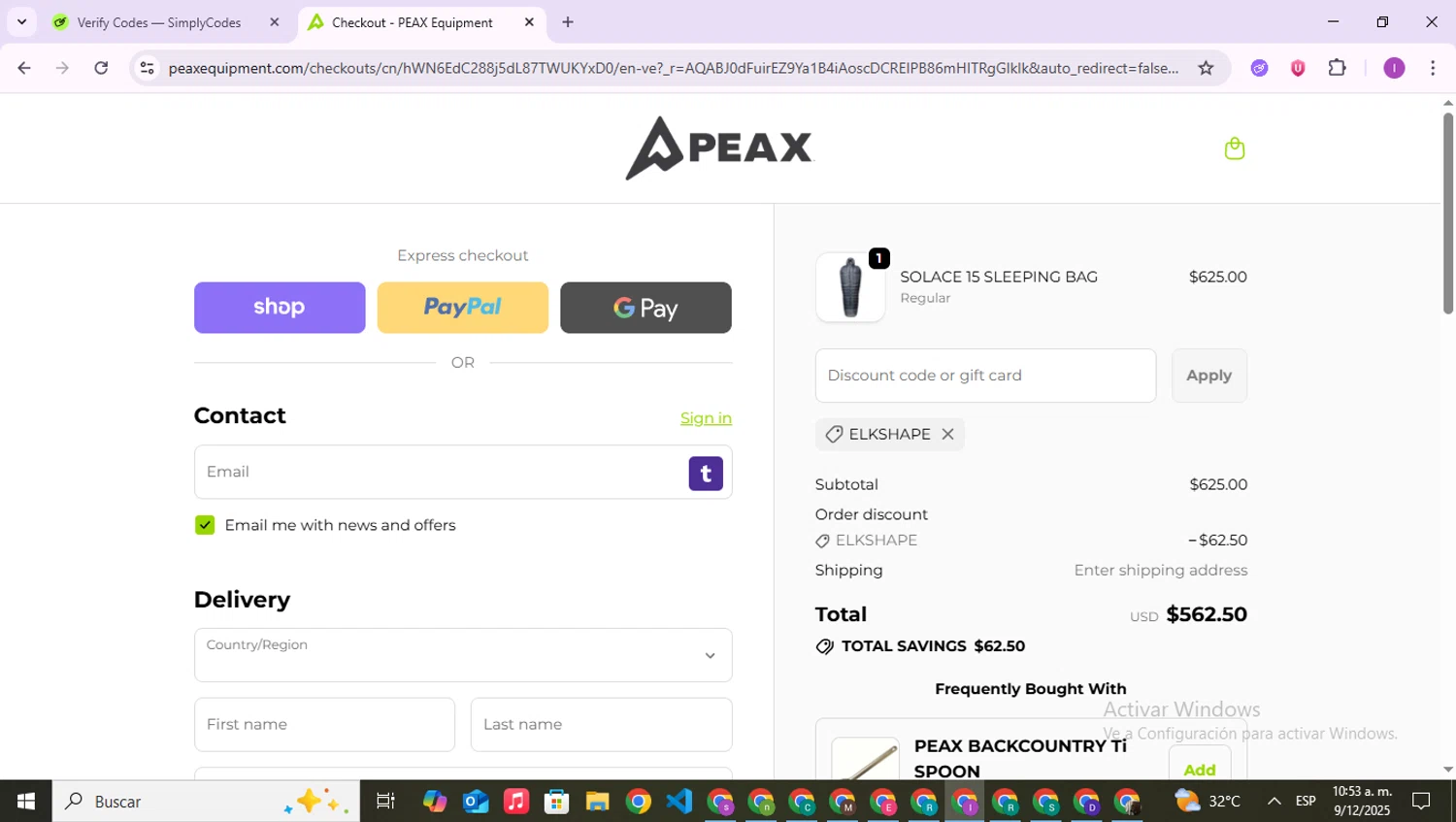 PEAX Equipment discount code screenshot showing code ELKSHAPE applied at PEAX Equipment checkout page. Uploaded by SimplyCodes community member RebateAce6764 on Dec 9, 2025