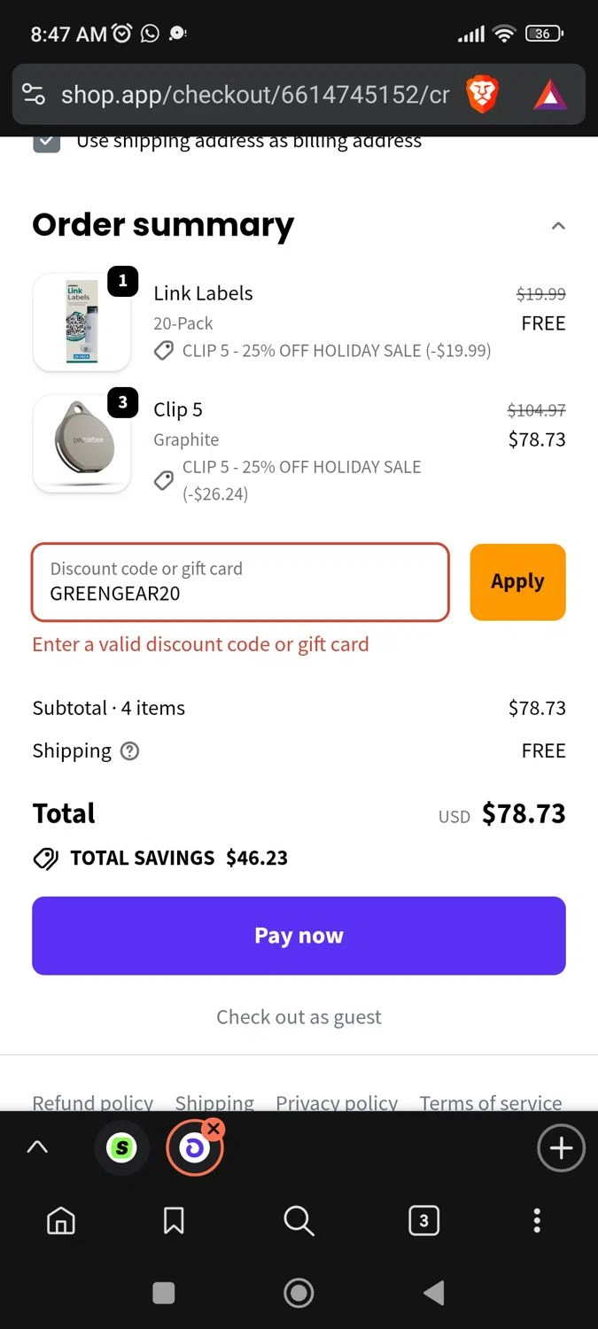 Pebblebee promo code screenshot showing code GREENGEAR20 applied at Pebblebee checkout page. Uploaded by SimplyCodes community member BargainPioneer8286 on Dec 21, 2025