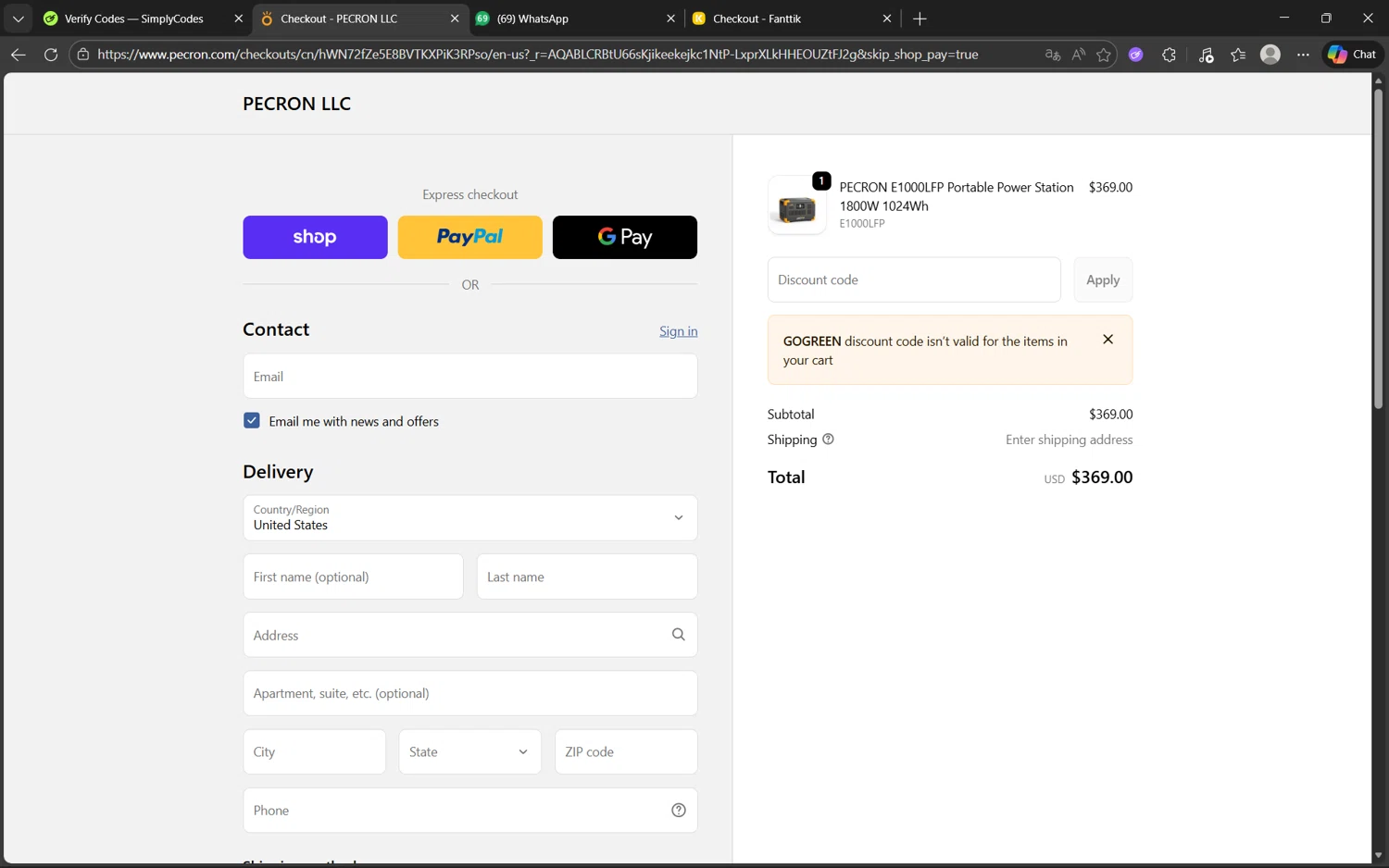 Pecron discount code screenshot showing code GOGREEN applied at Pecron checkout page. Uploaded by SimplyCodes community member juanx1702 on Dec 30, 2025