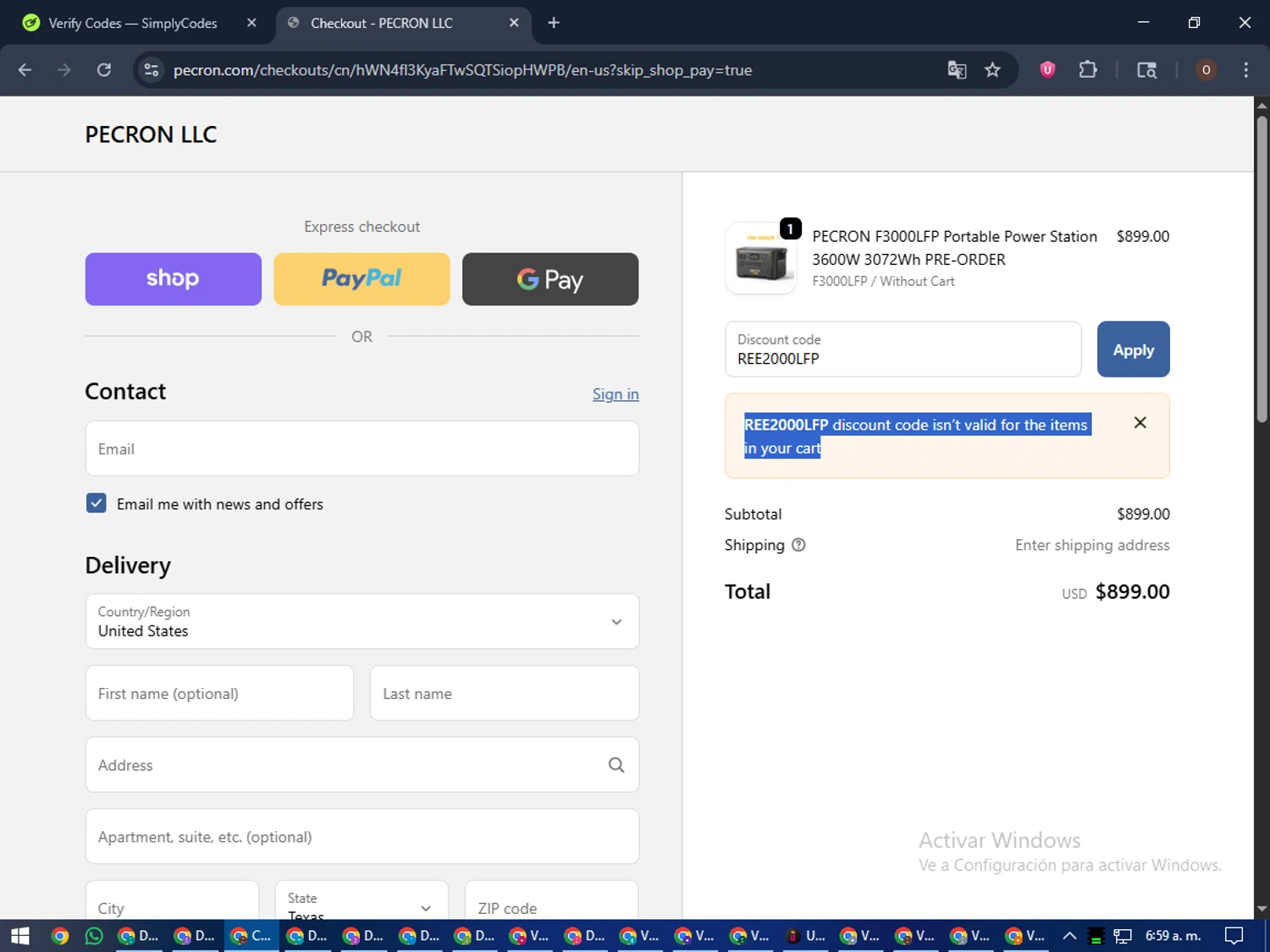 Pecron discount code screenshot showing code REE2000LFP applied at Pecron checkout page. Uploaded by SimplyCodes community member Legendar on Oct 29, 2025