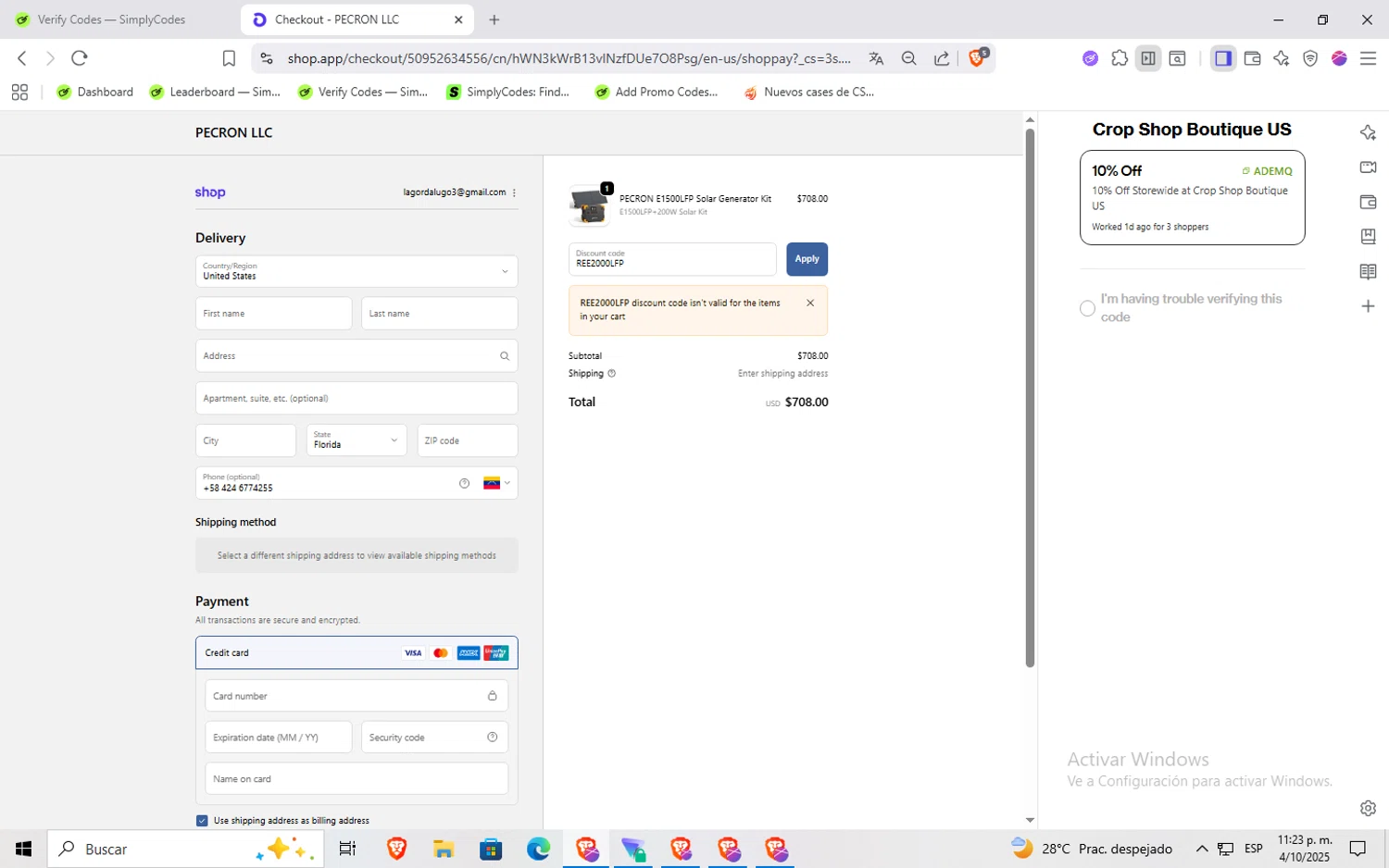 Pecron discount code screenshot showing code REE2000LFP applied at Pecron checkout page. Uploaded by SimplyCodes community member Rayyyyyy on Oct 5, 2025