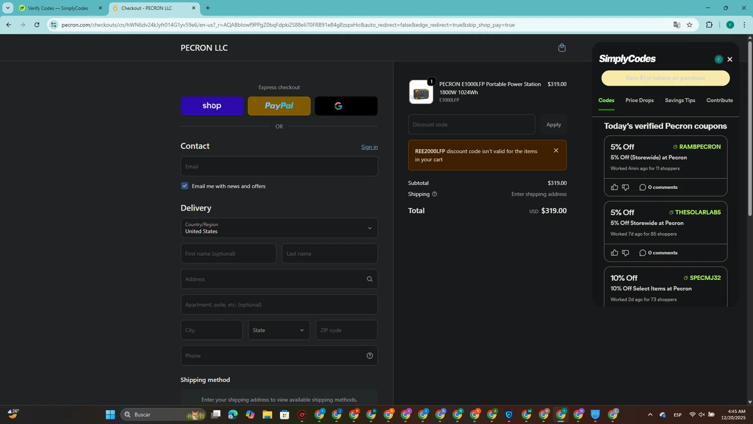 Pecron discount code screenshot showing code REE2000LFP applied at Pecron checkout page. Uploaded by SimplyCodes community member SavingsRanger5017 on Dec 20, 2025