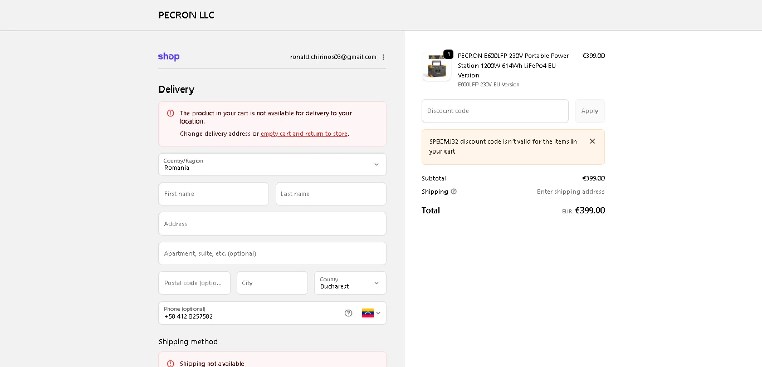 Pecron discount code screenshot showing code SPECMJ32 applied at Pecron checkout page. Uploaded by SimplyCodes community member PennySage5996 on Dec 20, 2025