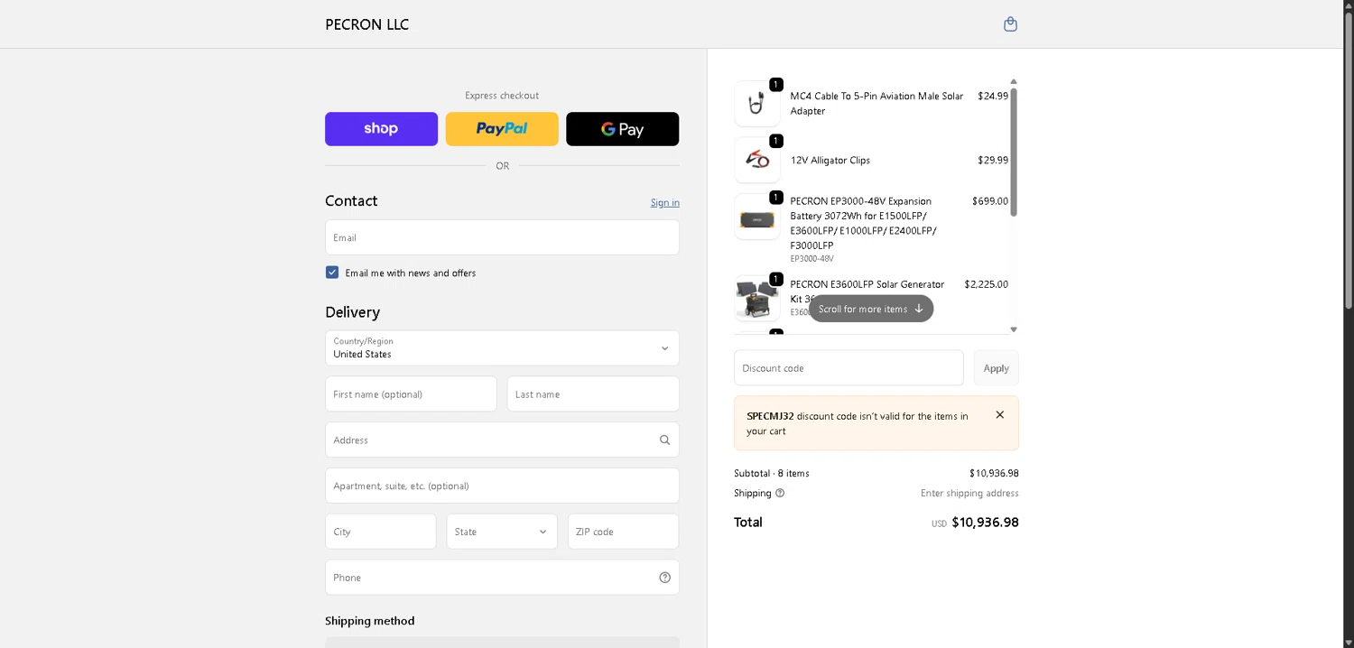 Pecron discount code screenshot showing code SPECMJ32 applied at Pecron checkout page. Uploaded by SimplyCodes community member VictoriousFinder4393 on Dec 18, 2025