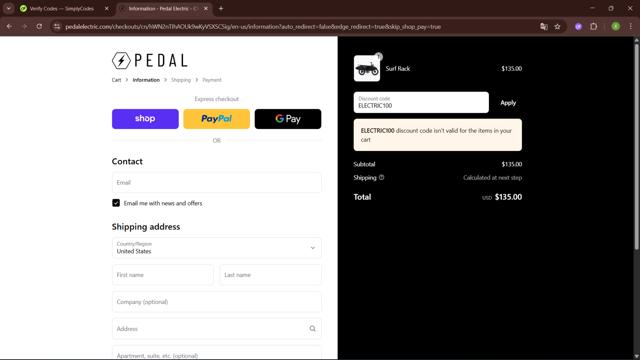 Pedal Electric checkout page showing Pedal Electric promo code box | Screenshot taken by SimplyCodes community member on Sep 10, 2025