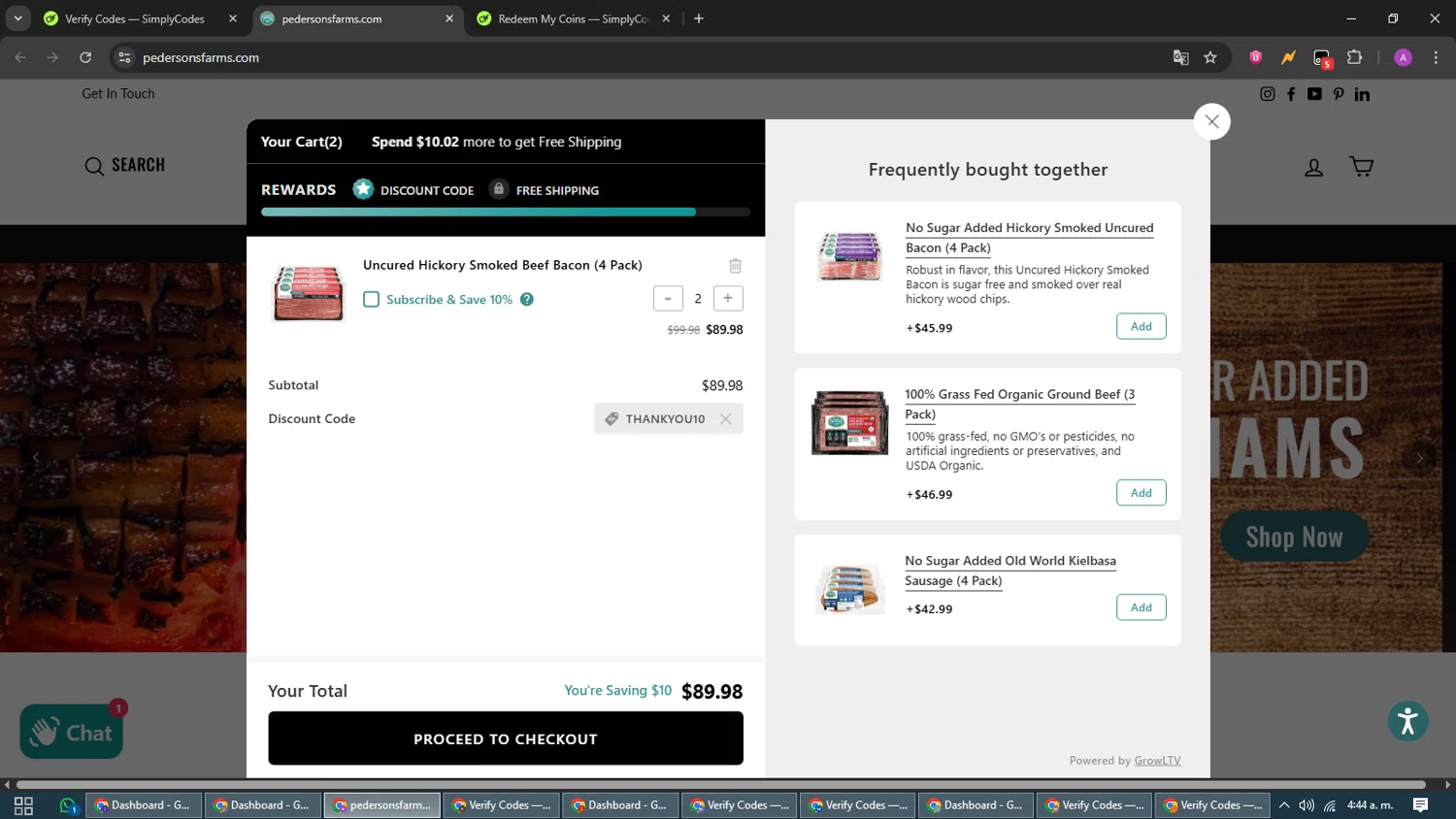 Pederson's Farms promo code screenshot showing code THANKYOU10 applied at Pederson's Farms checkout page. Uploaded by SimplyCodes community member CouponScout5403 on Nov 24, 2025