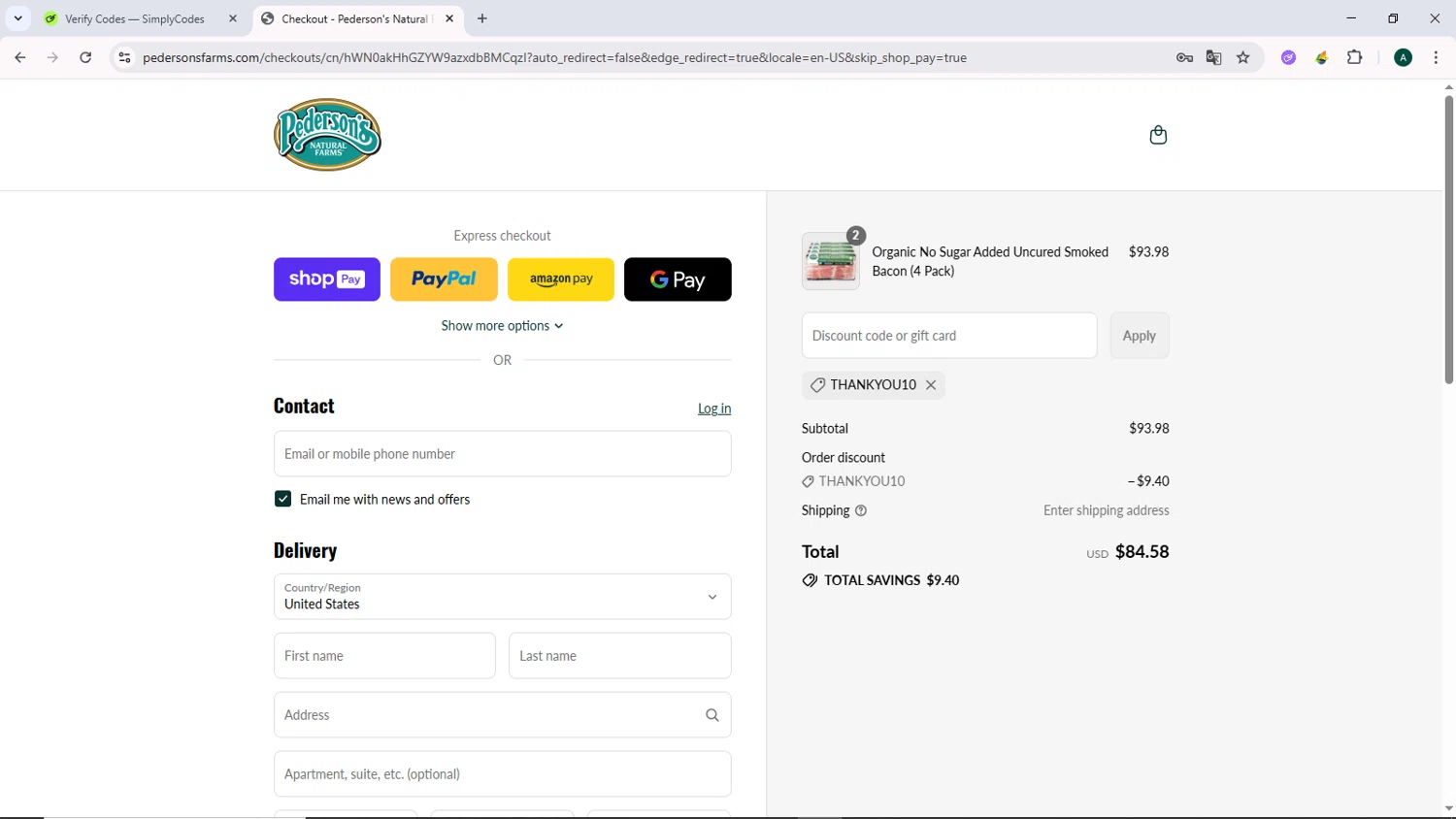 Pederson's Farms promo code screenshot showing code THANKYOU10 applied at Pederson's Farms checkout page. Uploaded by SimplyCodes community member DiscountCurator2907 on Jul 13, 2025