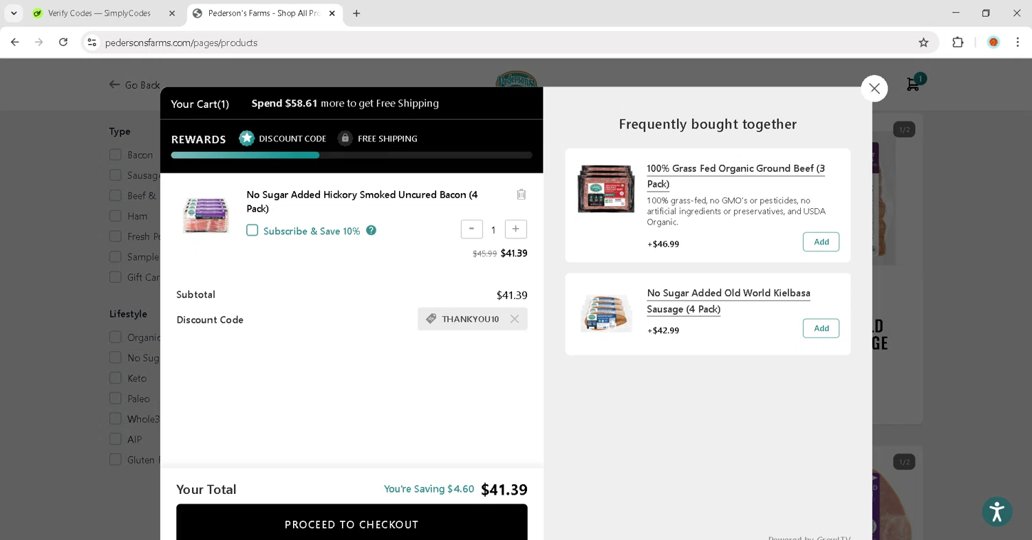 Pederson's Farms promo code screenshot showing code THANKYOU10 applied at Pederson's Farms checkout page. Uploaded by SimplyCodes community member JosephStevens774 on Oct 6, 2025