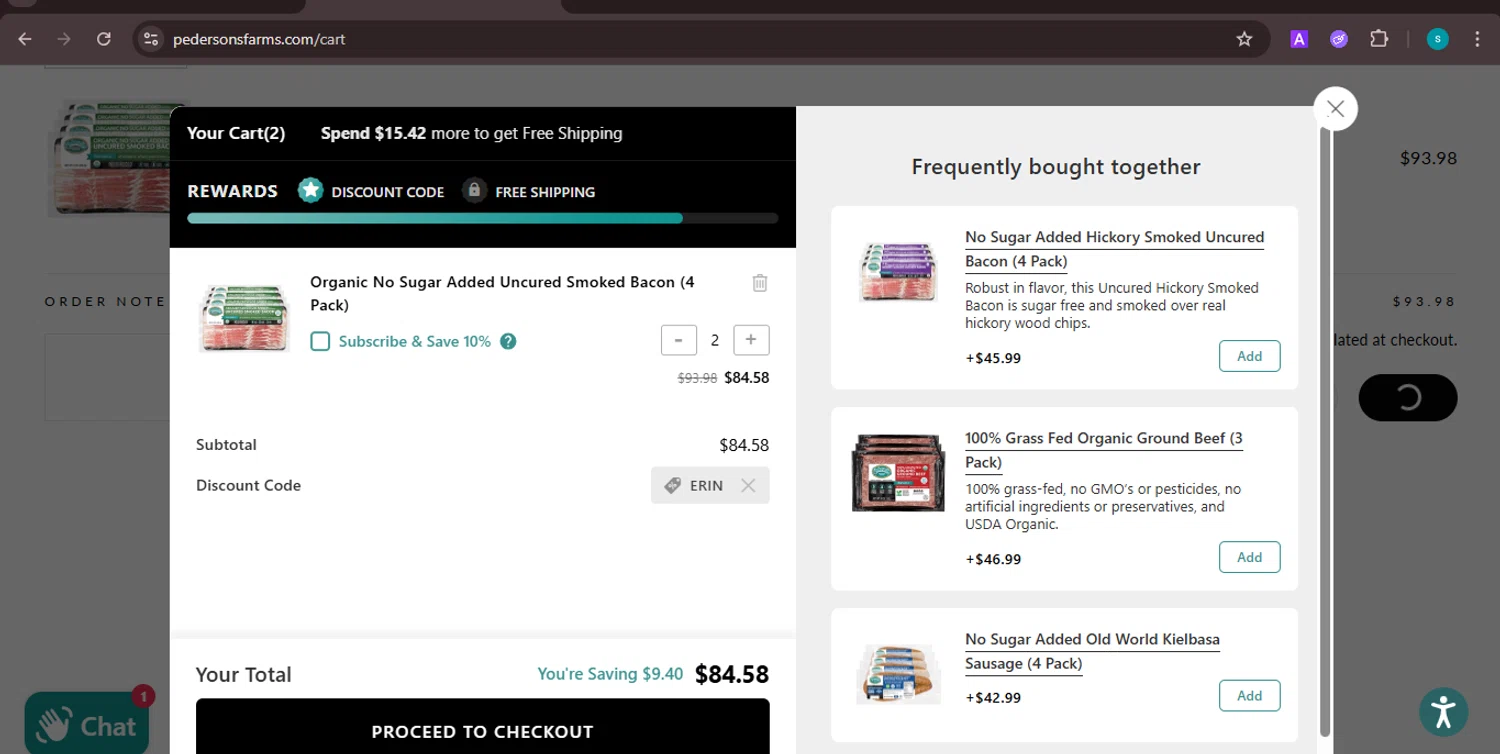 Pederson's Farms promo code screenshot showing code erin applied at Pederson's Farms checkout page. Uploaded by SimplyCodes community member ValiantChaser7723 on Aug 22, 2025