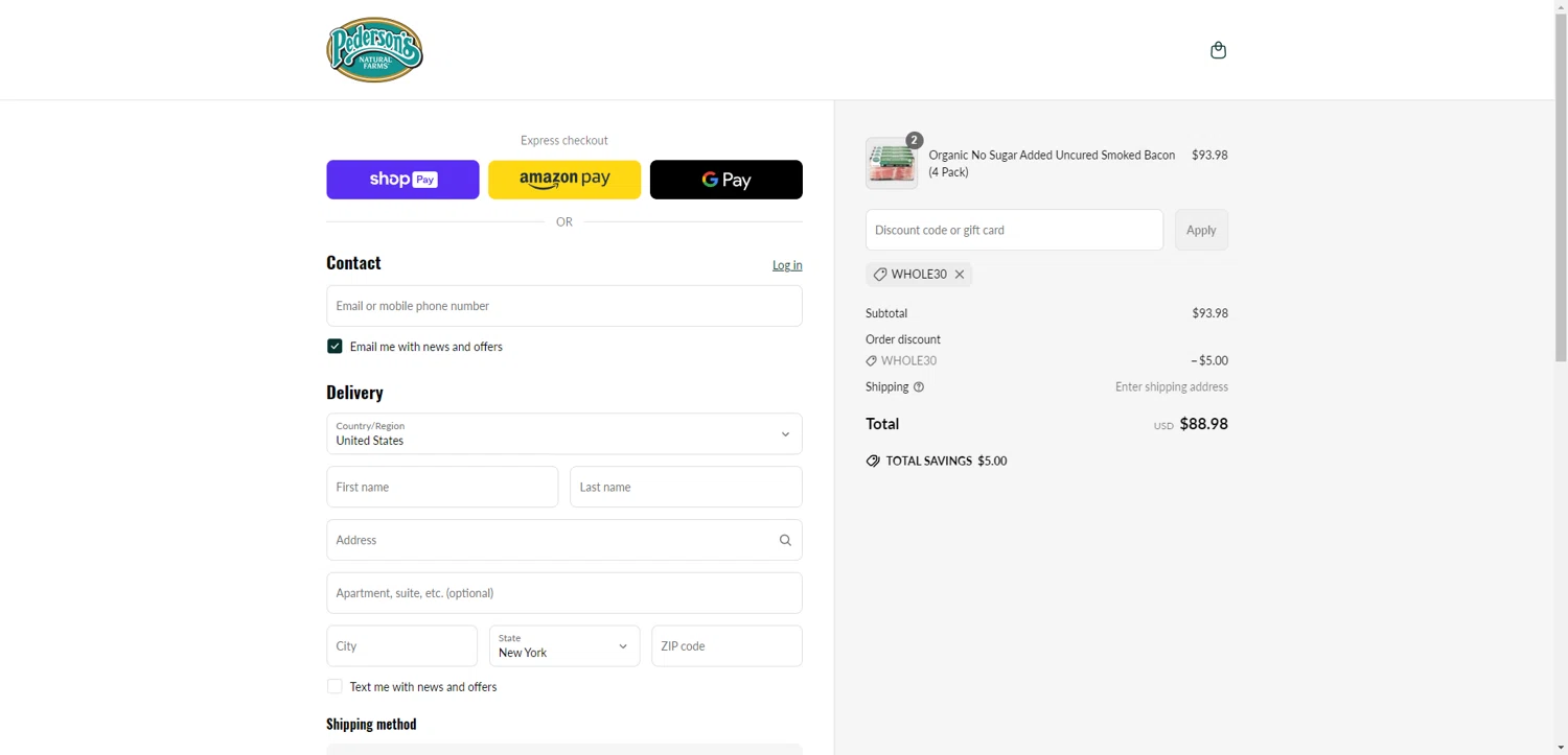 Pederson's Farms promo code screenshot showing code WHOLE30 applied at Pederson's Farms checkout page. Uploaded by SimplyCodes community member EpicEagle816 on Jun 10, 2025