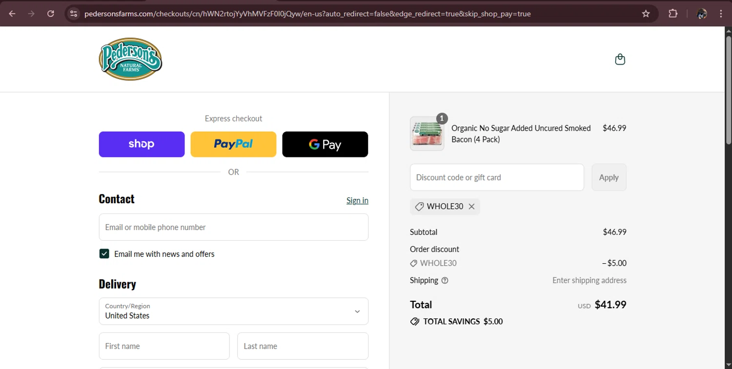 Pederson's Farms promo code screenshot showing code WHOLE30 applied at Pederson's Farms checkout page. Uploaded by SimplyCodes community member MagnificentAdmiral9096 on Sep 11, 2025