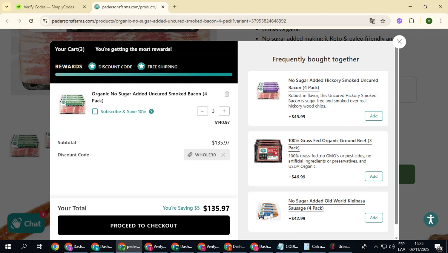 Pederson's Farms promo code screenshot showing code WHOLE30 applied at Pederson's Farms checkout page. Uploaded by SimplyCodes community member loversuper on Nov 8, 2025