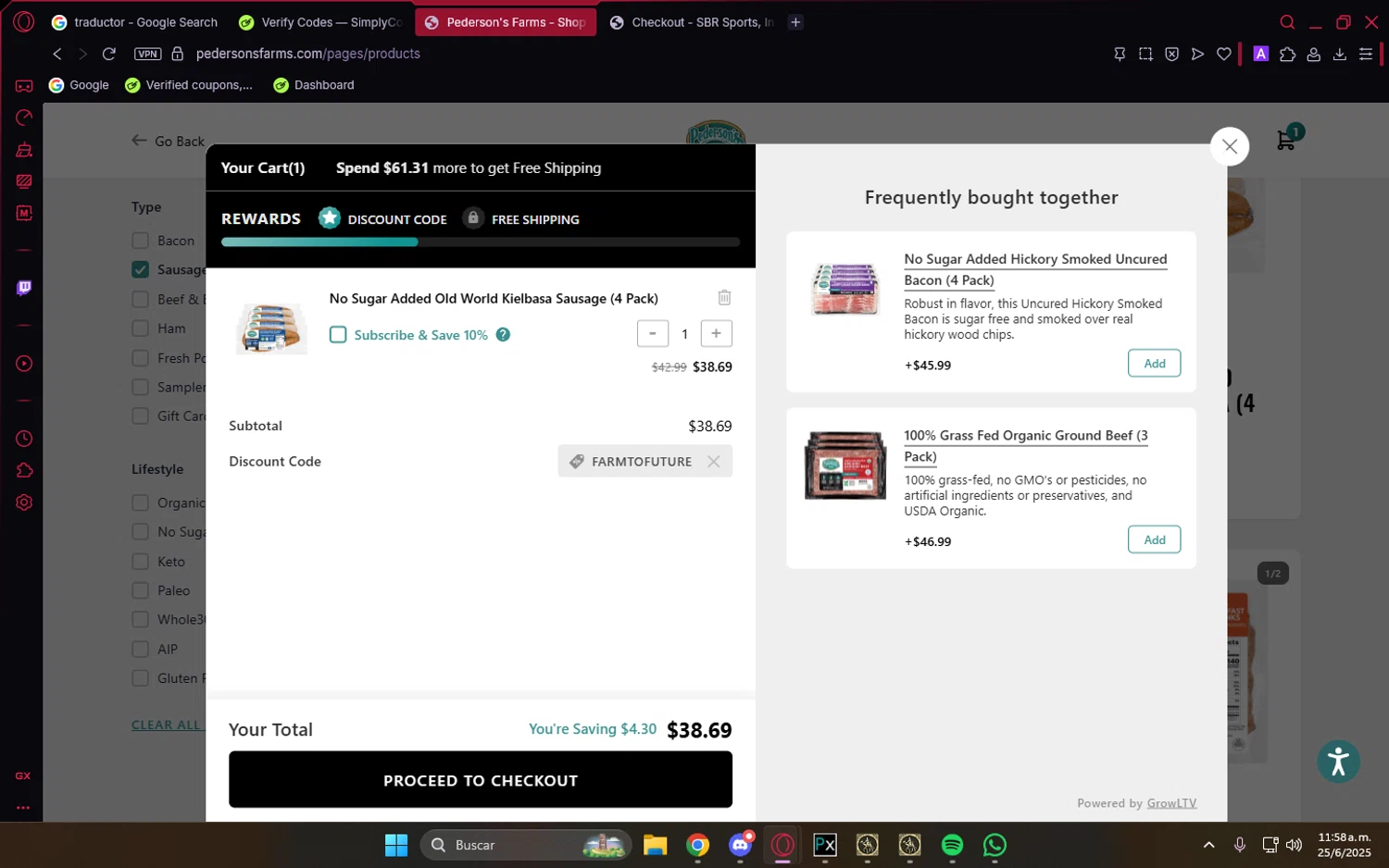 Pederson's Farms promo code screenshot showing code FARMTOFUTURE applied at Pederson's Farms checkout page. Uploaded by SimplyCodes community member PrimeVirtuoso9679 on Jun 25, 2025