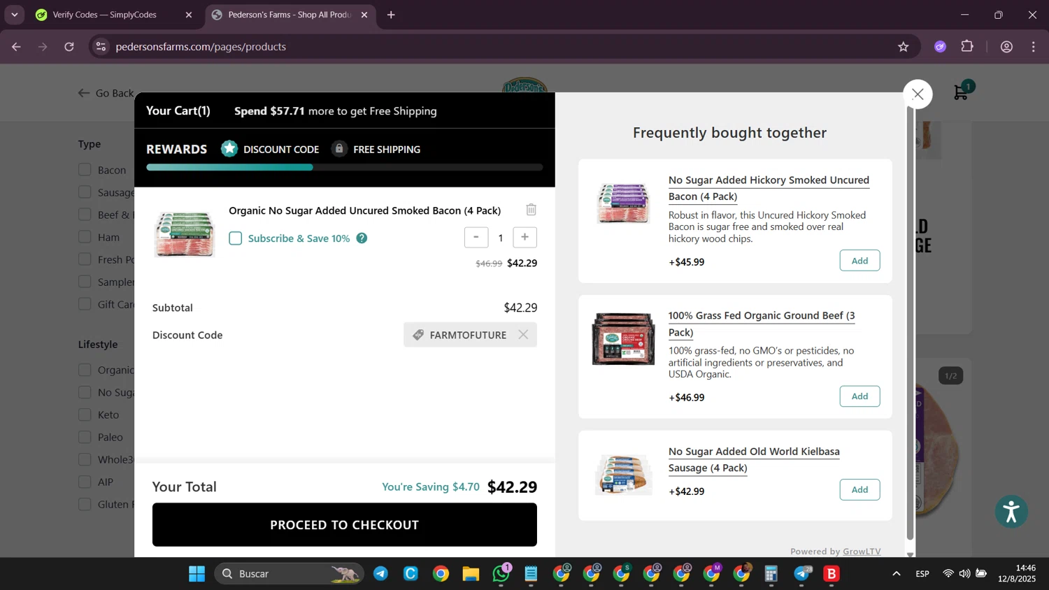 Pederson's Farms promo code screenshot showing code FARMTOFUTURE applied at Pederson's Farms checkout page. Uploaded by SimplyCodes community member SilverWhiz4145 on Aug 12, 2025