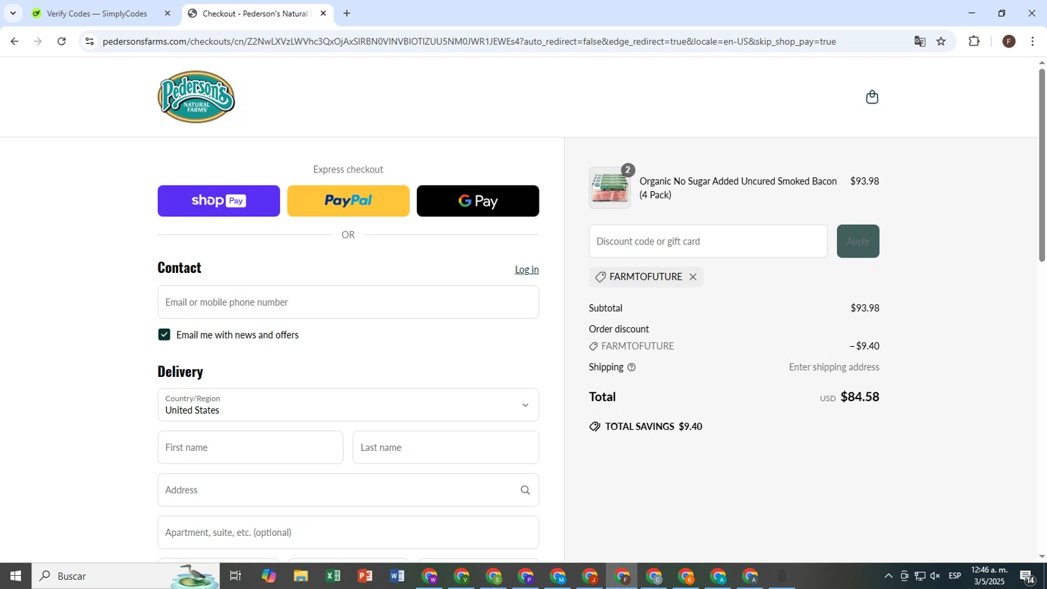 Pederson's Farms promo code screenshot showing code FARMTOFUTURE applied at Pederson's Farms checkout page. Uploaded by SimplyCodes community member BrilliantChaser2585 on May 3, 2025