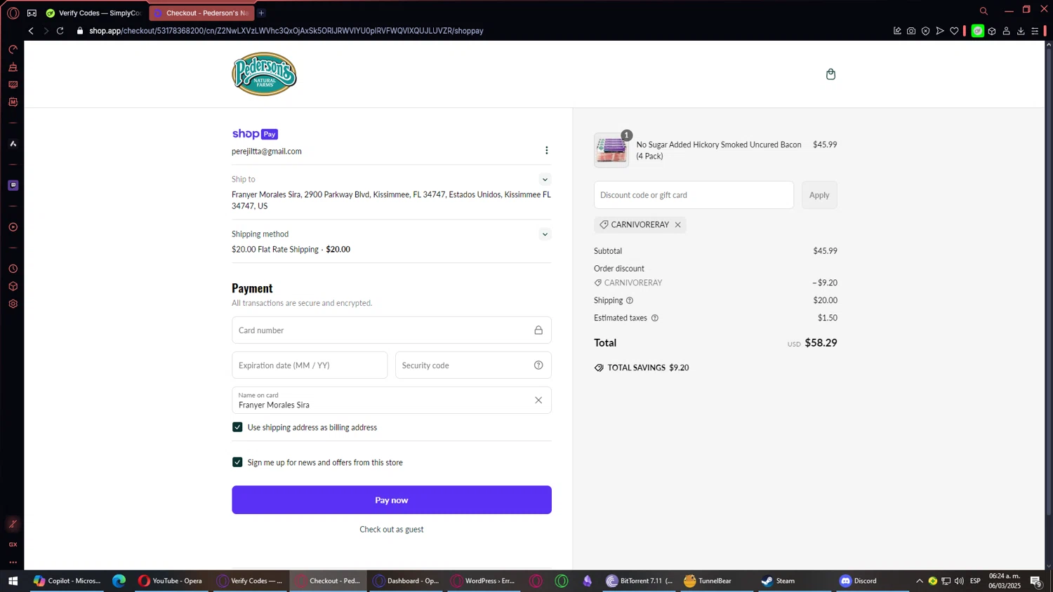 Pederson's Farms promo code screenshot showing code Carnivoreray applied at Pederson's Farms checkout page. Uploaded by SimplyCodes community member ALCUPONE on Mar 6, 2025
