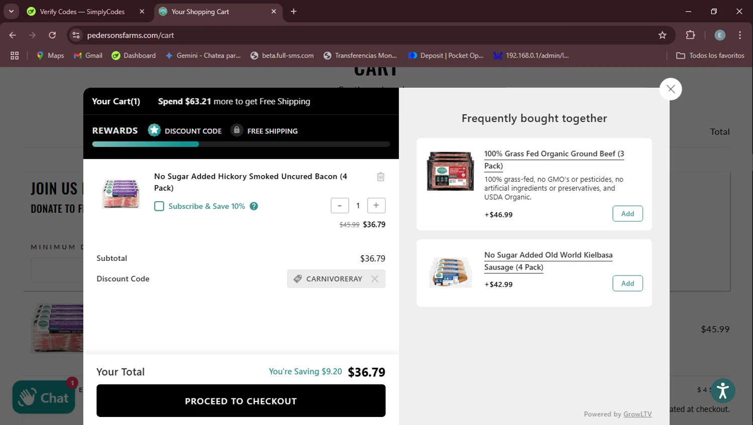 Pederson's Farms promo code screenshot showing code Carnivoreray applied at Pederson's Farms checkout page. Uploaded by SimplyCodes community member Esteban on May 25, 2025