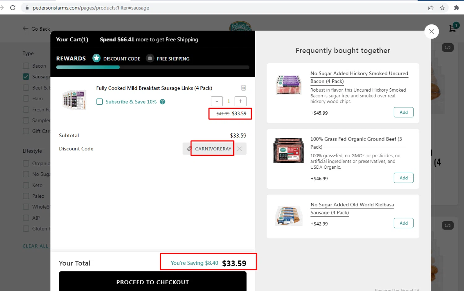 Pederson's Farms promo code screenshot showing code CARNIVORERAY applied at Pederson's Farms checkout page. Uploaded by SimplyCodes community member nileskamarcano on Jan 1, 2026