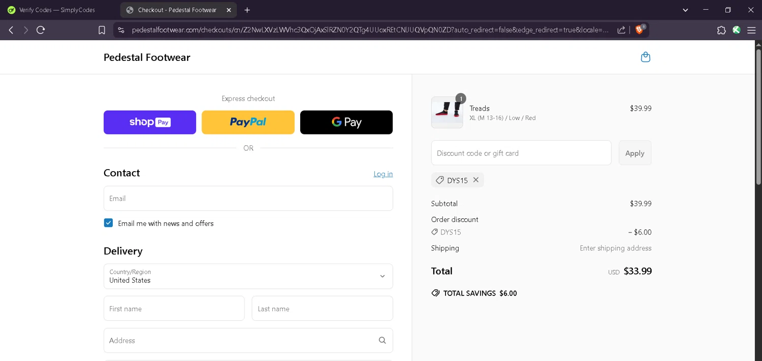 Pedestal Footwear promo code screenshot showing code DYS15 applied at Pedestal Footwear checkout page. Uploaded by SimplyCodes community member Estefani4 on May 10, 2025