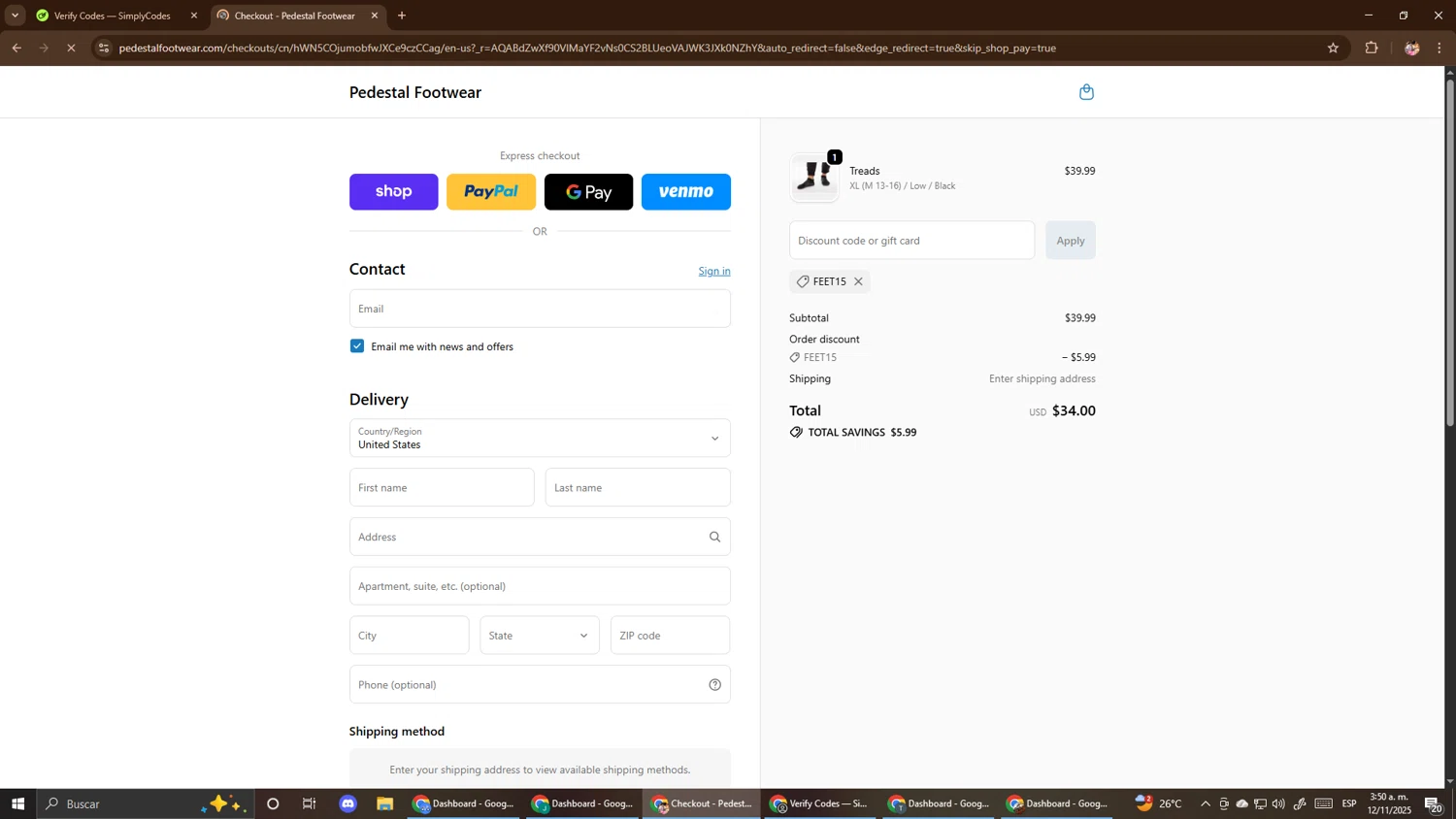 Pedestal Footwear promo code screenshot showing code FEET15 applied at Pedestal Footwear checkout page. Uploaded by SimplyCodes community member El_mynor on Nov 12, 2025