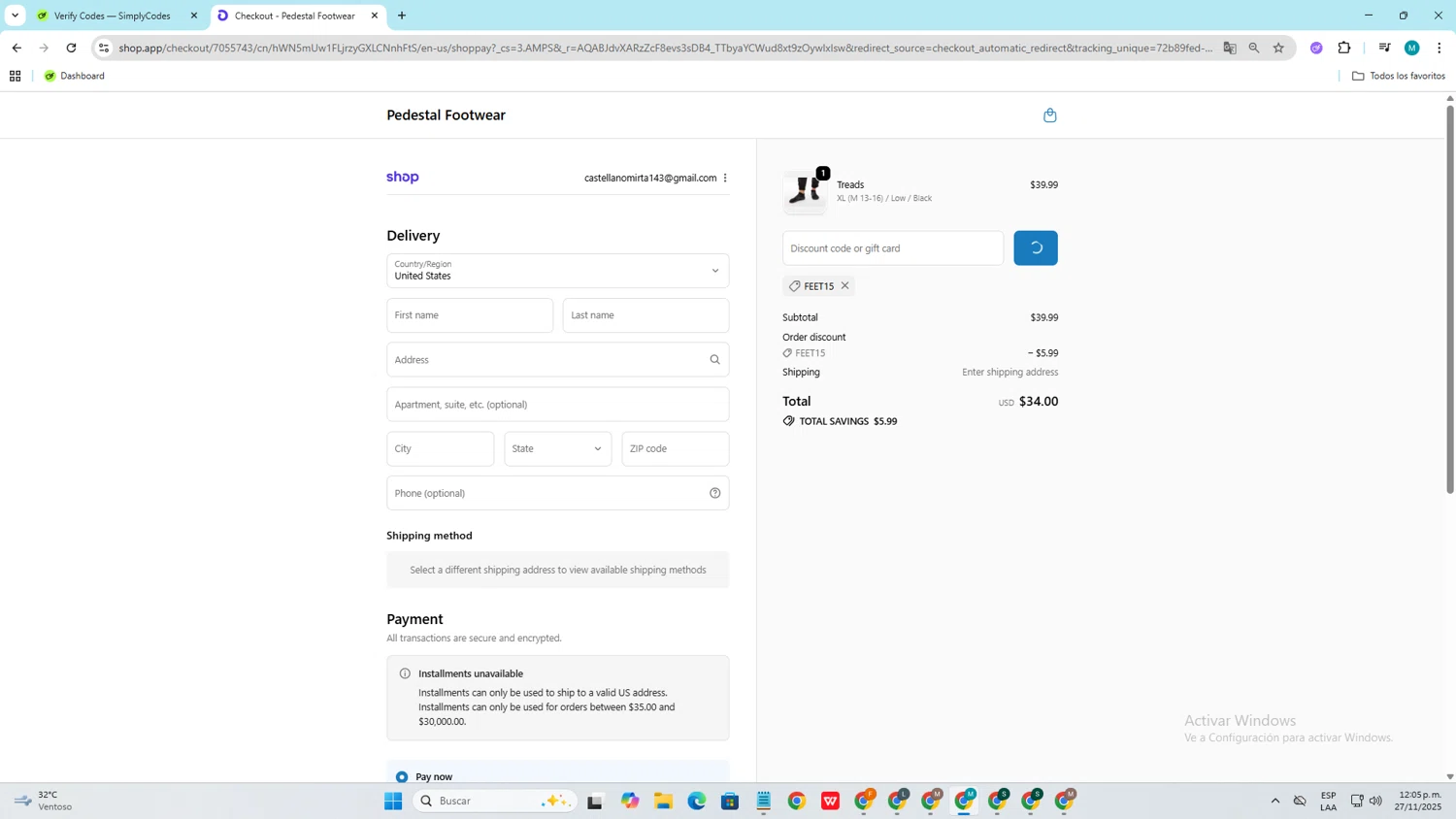 Pedestal Footwear promo code screenshot showing code FEET15 applied at Pedestal Footwear checkout page. Uploaded by SimplyCodes community member ShieldGuardian4930 on Nov 27, 2025